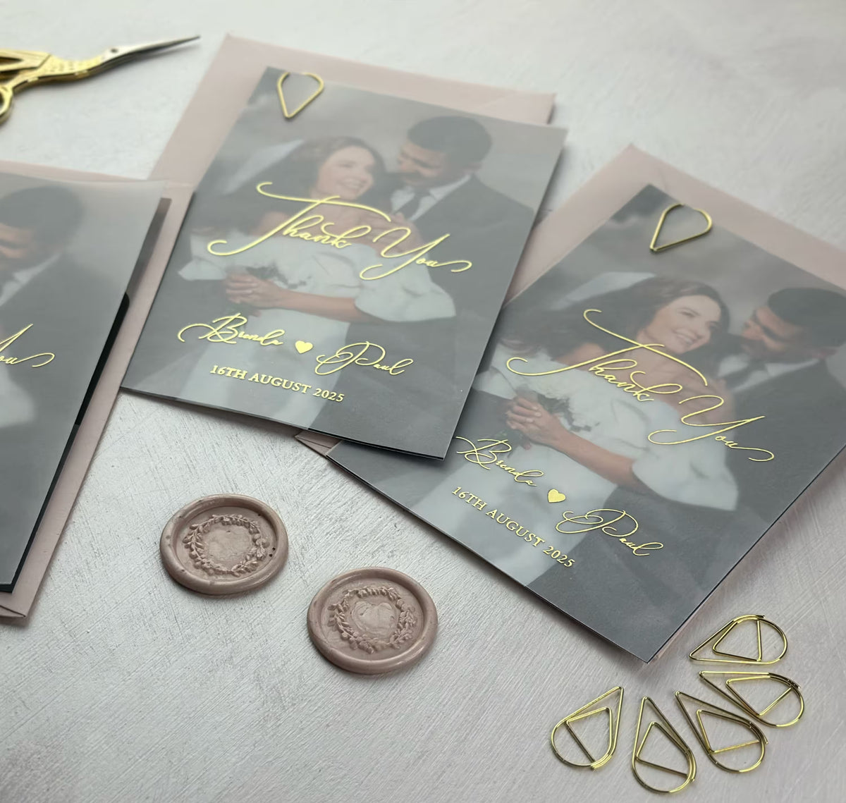 Personalized wedding thank you cards with photo and vellum overlay with matching envelope