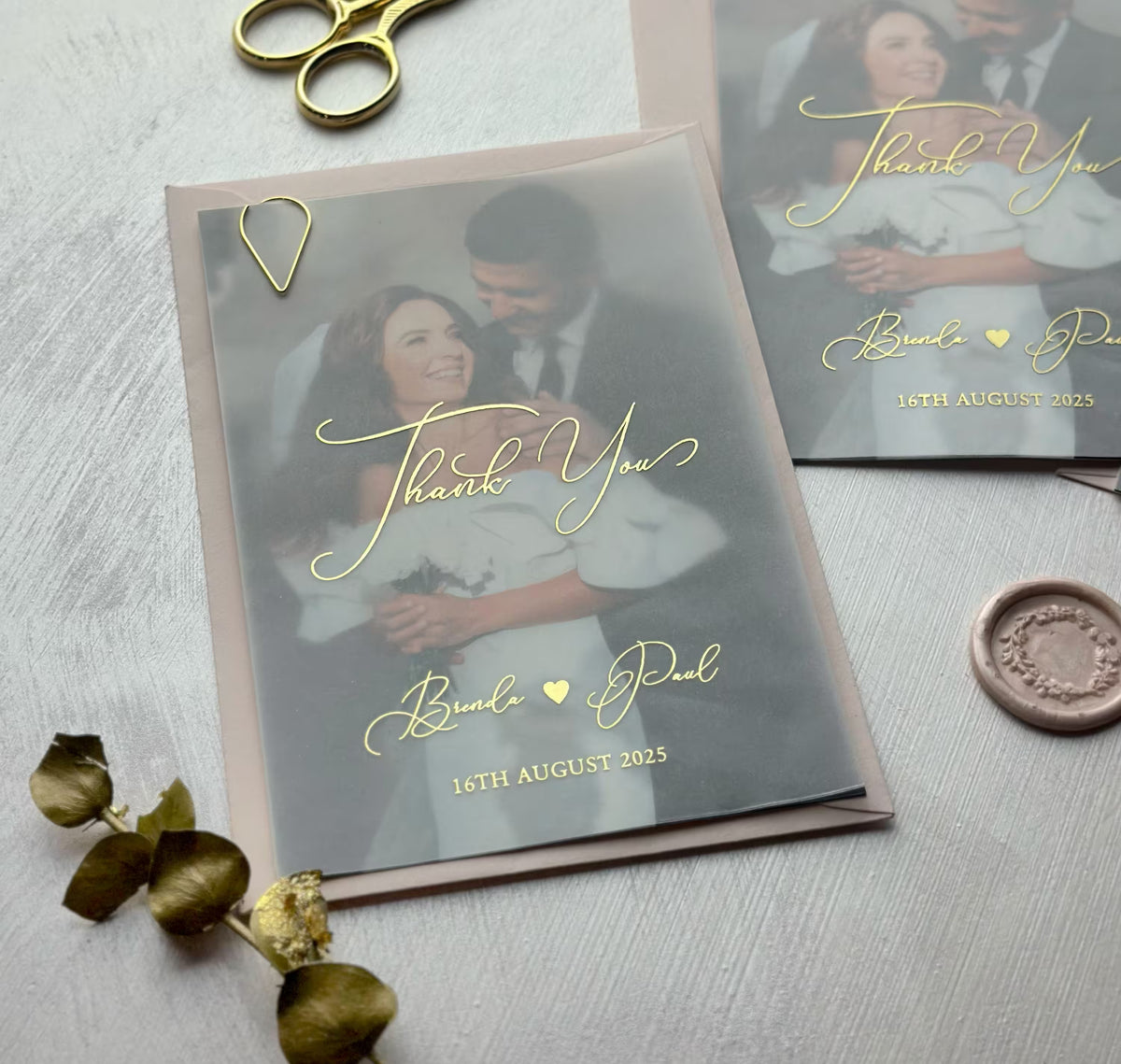 Personalized wedding thank you cards with photo, foil lettering and vellum overlay