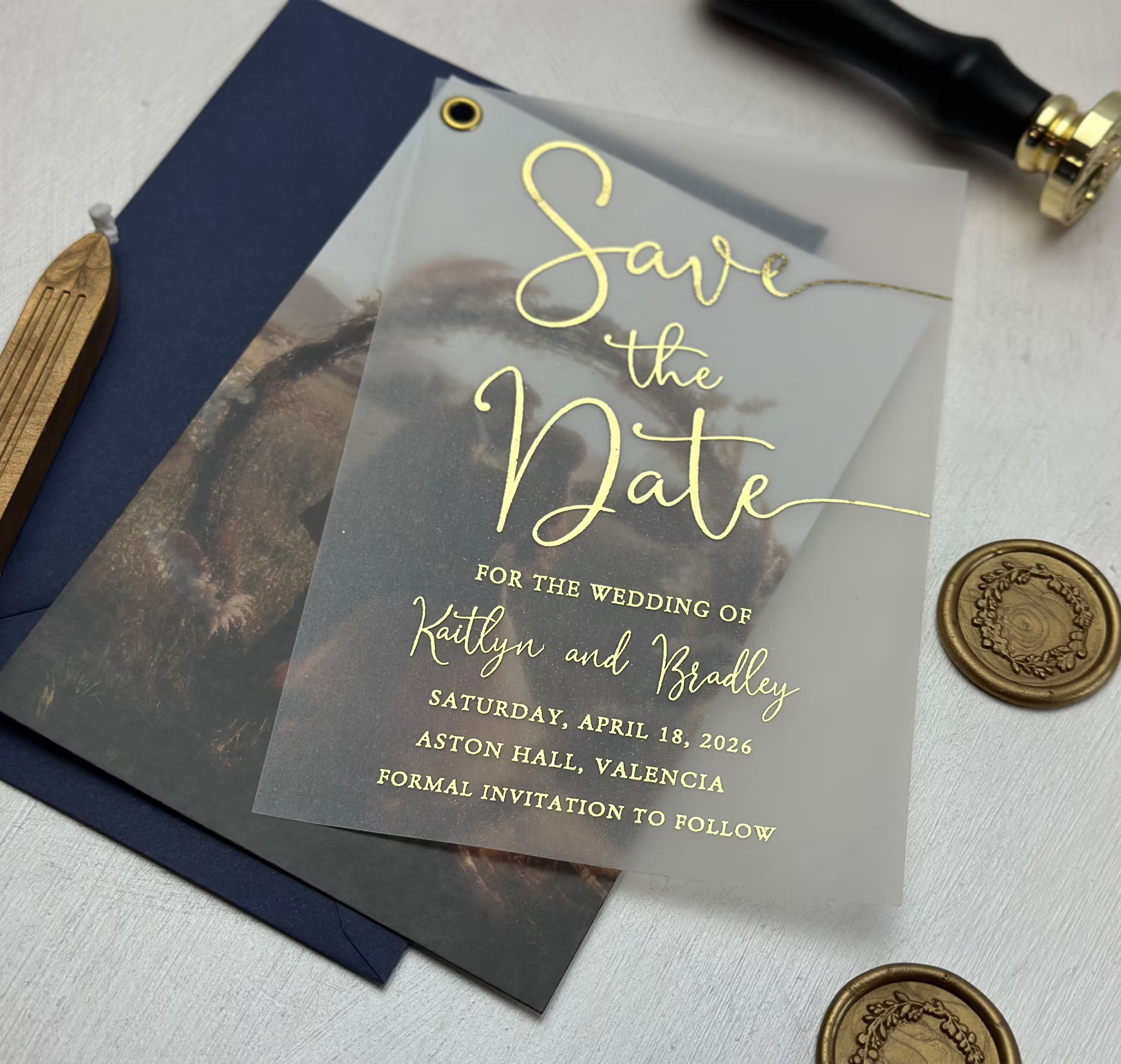 Personalized vellum photo Save the Date with elegant foil lettering and custom wedding details
