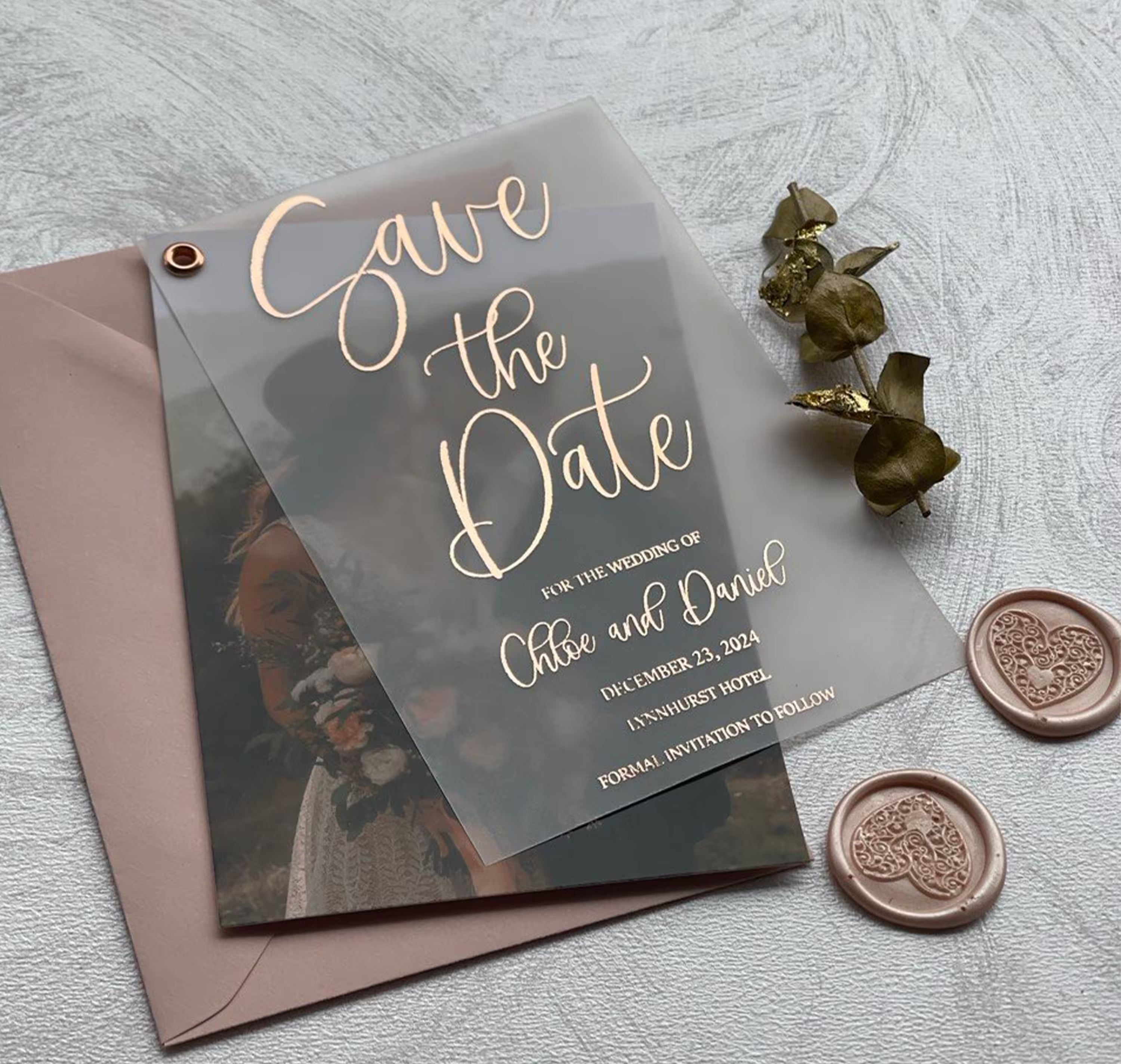 Personalized vellum Save the Date featuring a photo and rose gold foil lettering