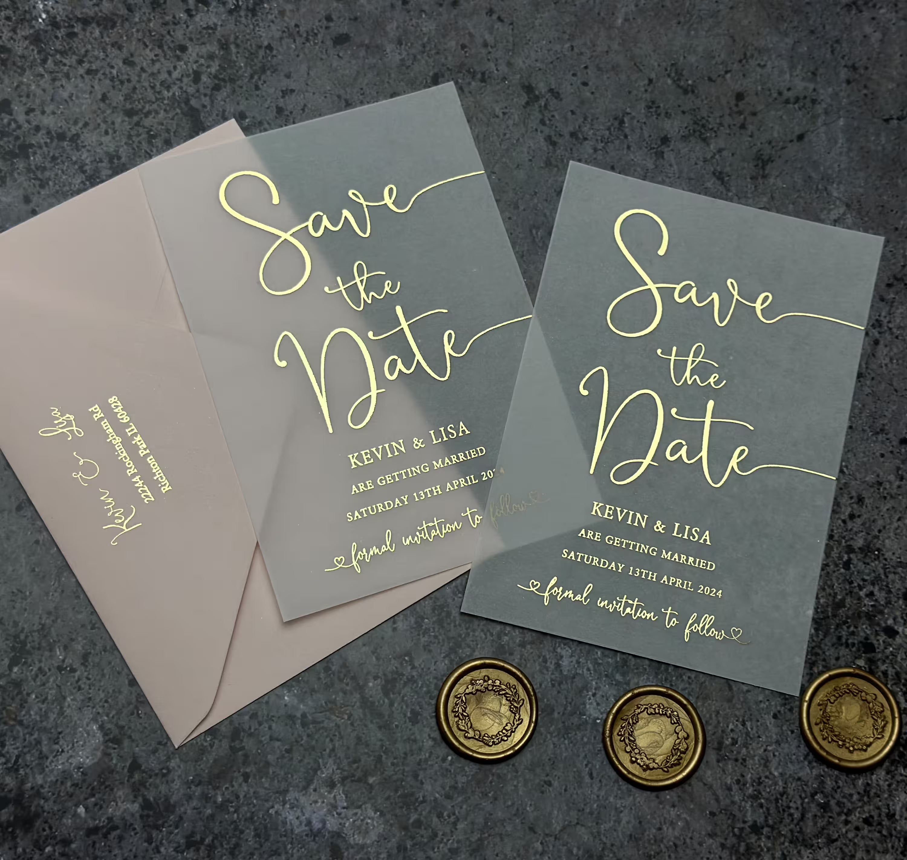 Personalized vellum wedding Save the Date with romantic calligraphy