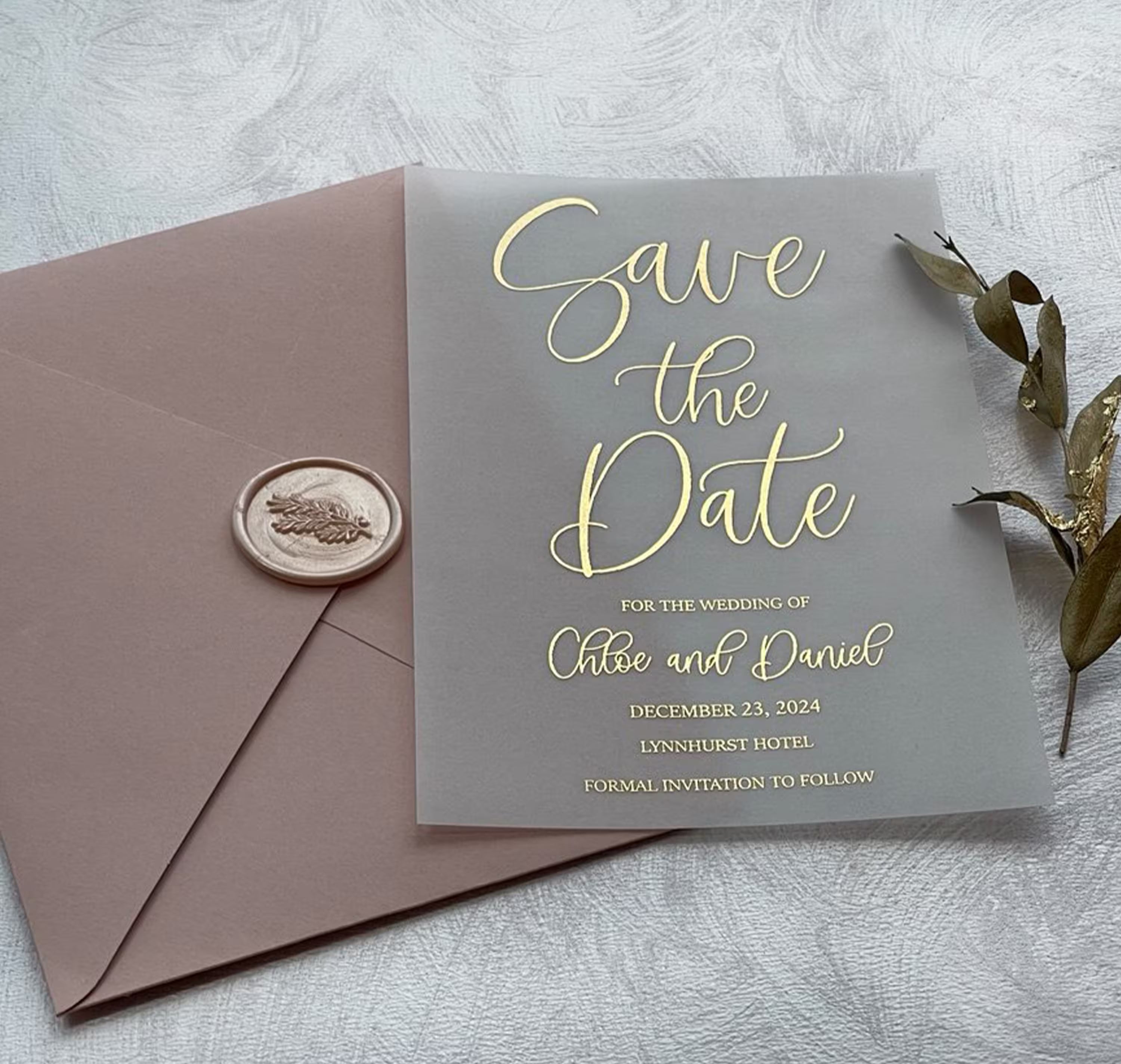 Personalized vellum Save the Date with gold foil names and wedding date