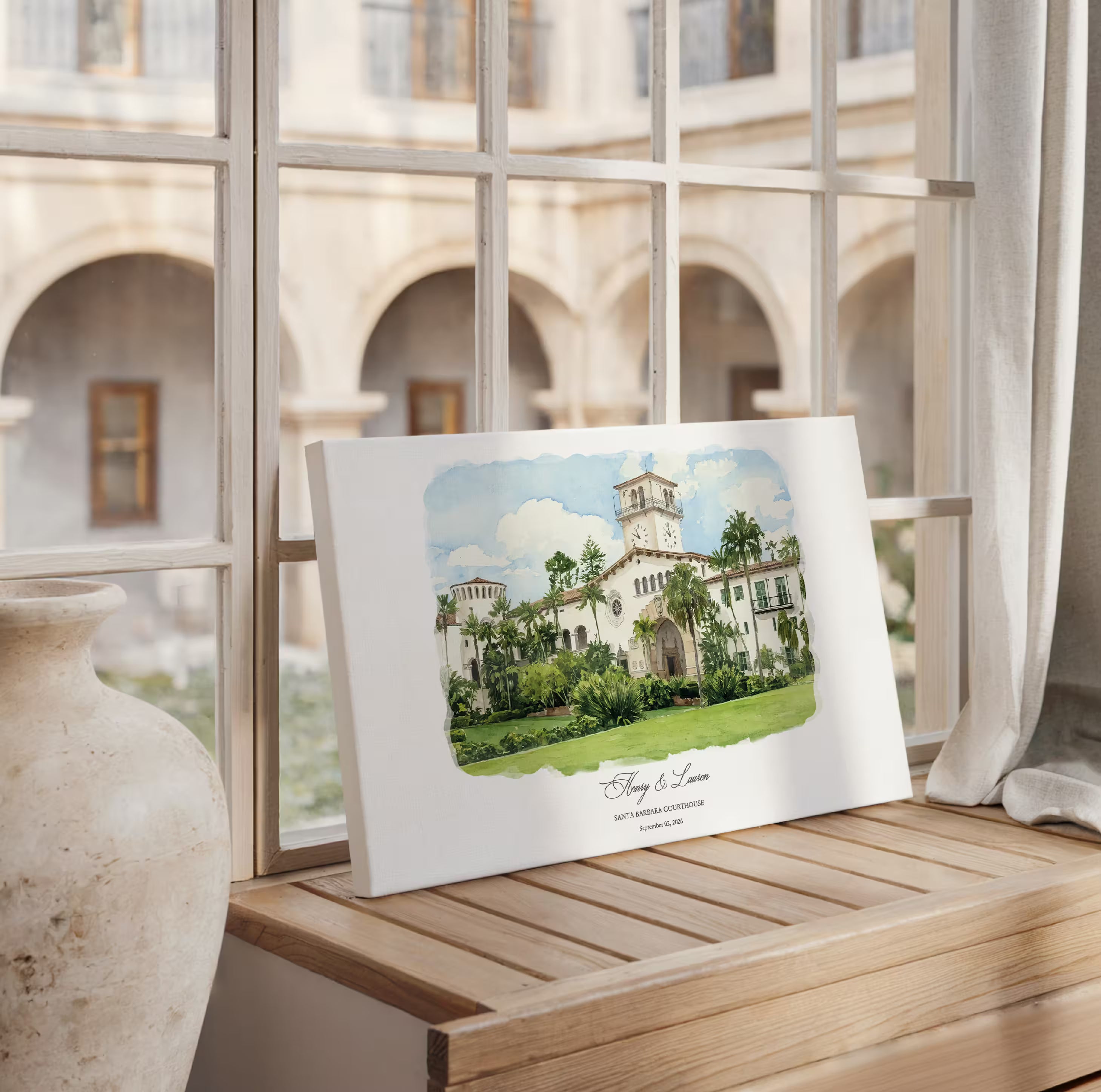 Personalized Santa Barbara Courthouse wedding venue on a stretched gallery canvas, unframed and ready to hang