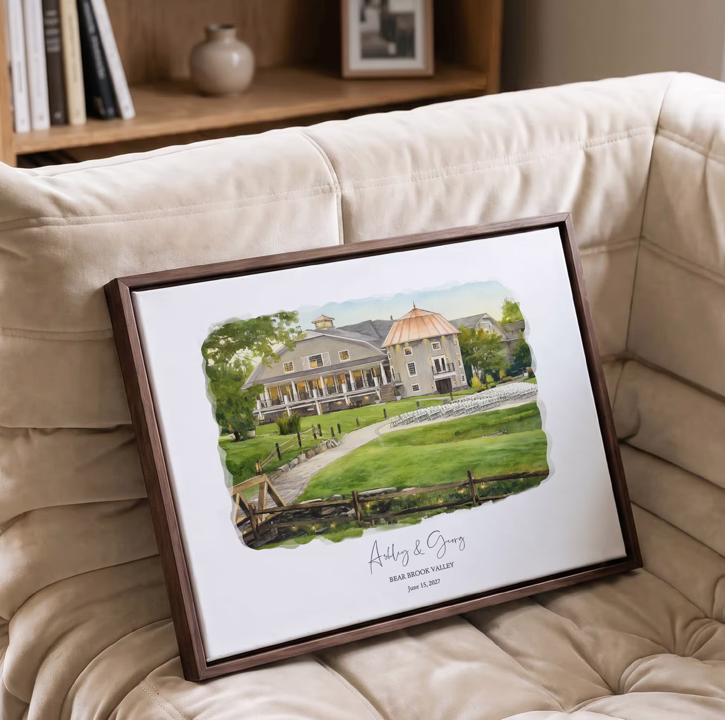 Personalized Bear Brook Valley wedding venue watercolor on premium canvas in a dark wood floater frame