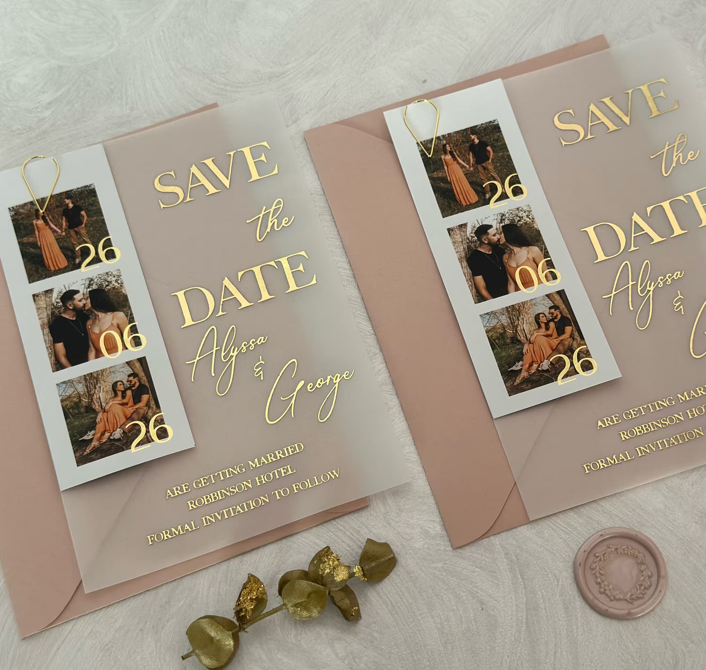 Photo strip Save the Date card on translucent vellum with foil lettering