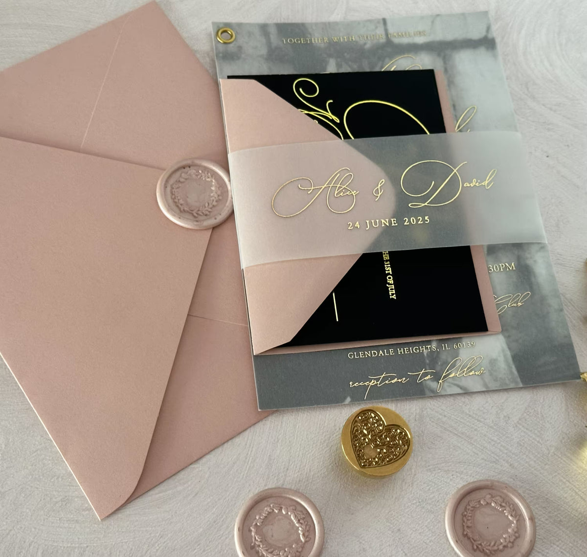 Photo vellum wedding invitation suite with gold grommet detail on vellum overlay