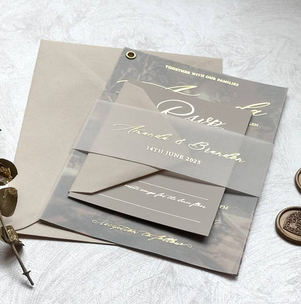 Photo vellum wedding invitation suite with neutral RSVP and details cards with foil