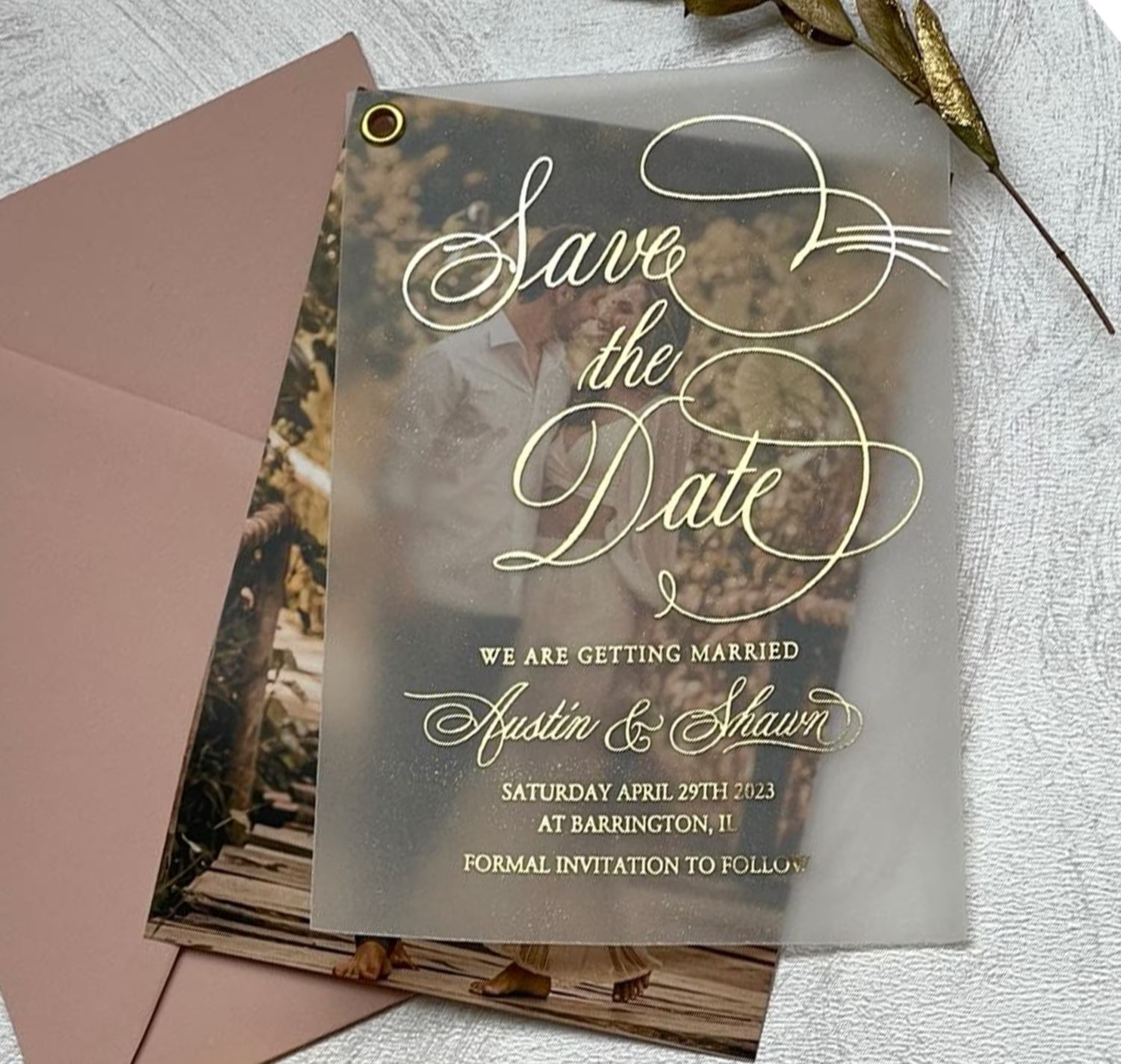 Personalized photo wedding save the date on translucent vellum with foil names and wedding date