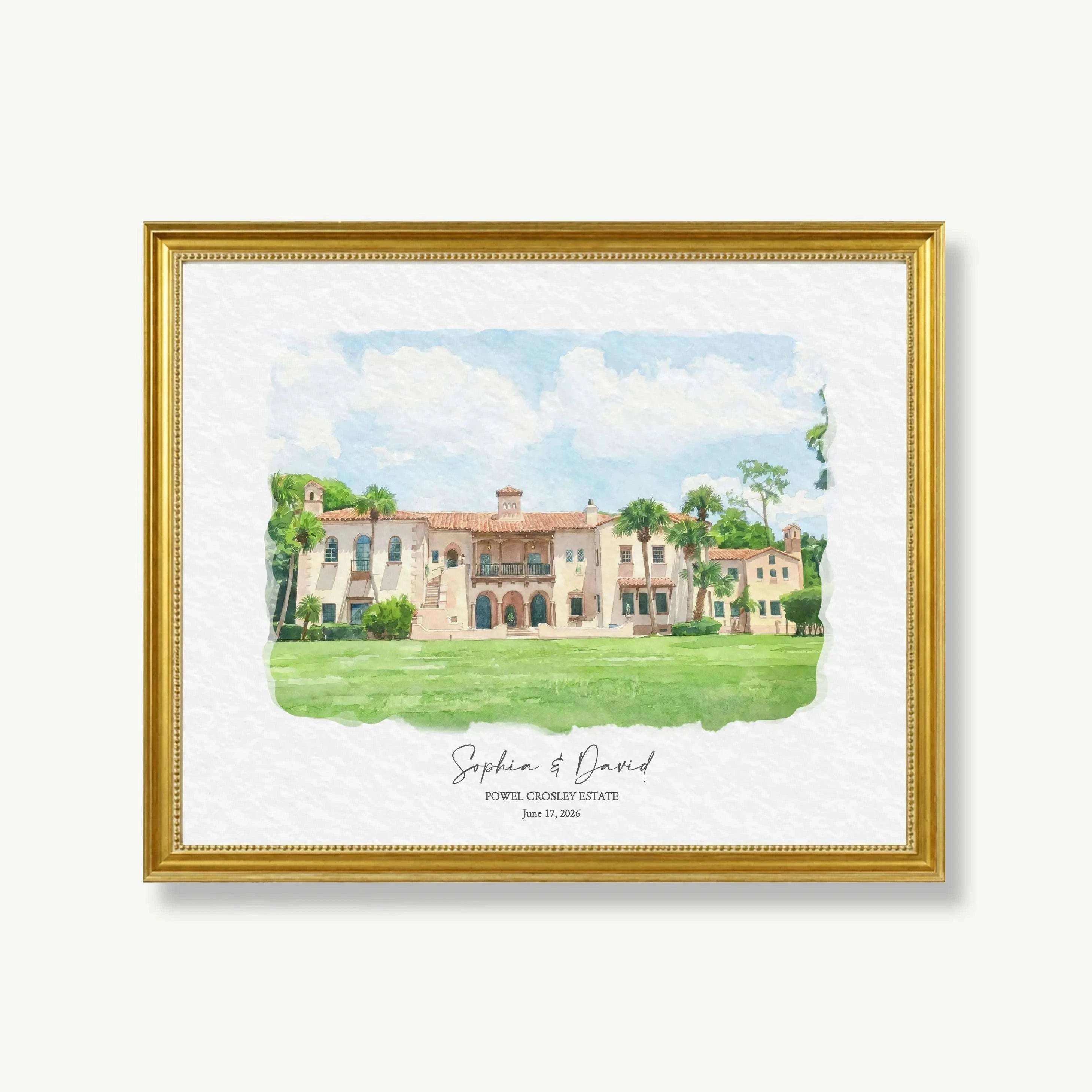 Personalized watercolor portrait of Powel Crosley Estate created from your wedding photo. A meaningful one year anniversary gift for him featuring the historic Sarasota waterfront estate and your special wedding memories.