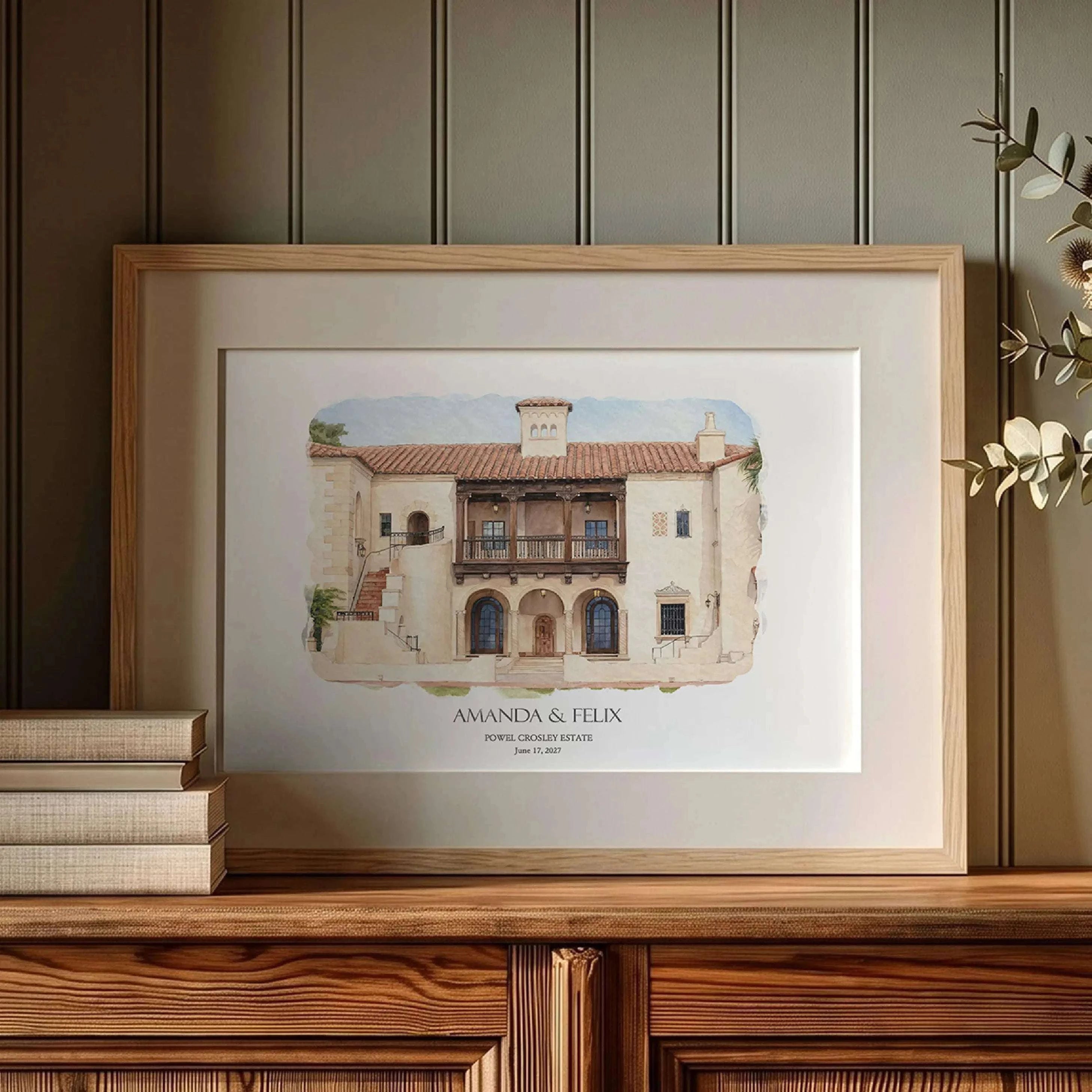 Personalized wedding venue portrait of Powel Crosley Estate created from a cherished wedding photograph. A unique paper anniversary gift for him celebrating your first year of marriage.