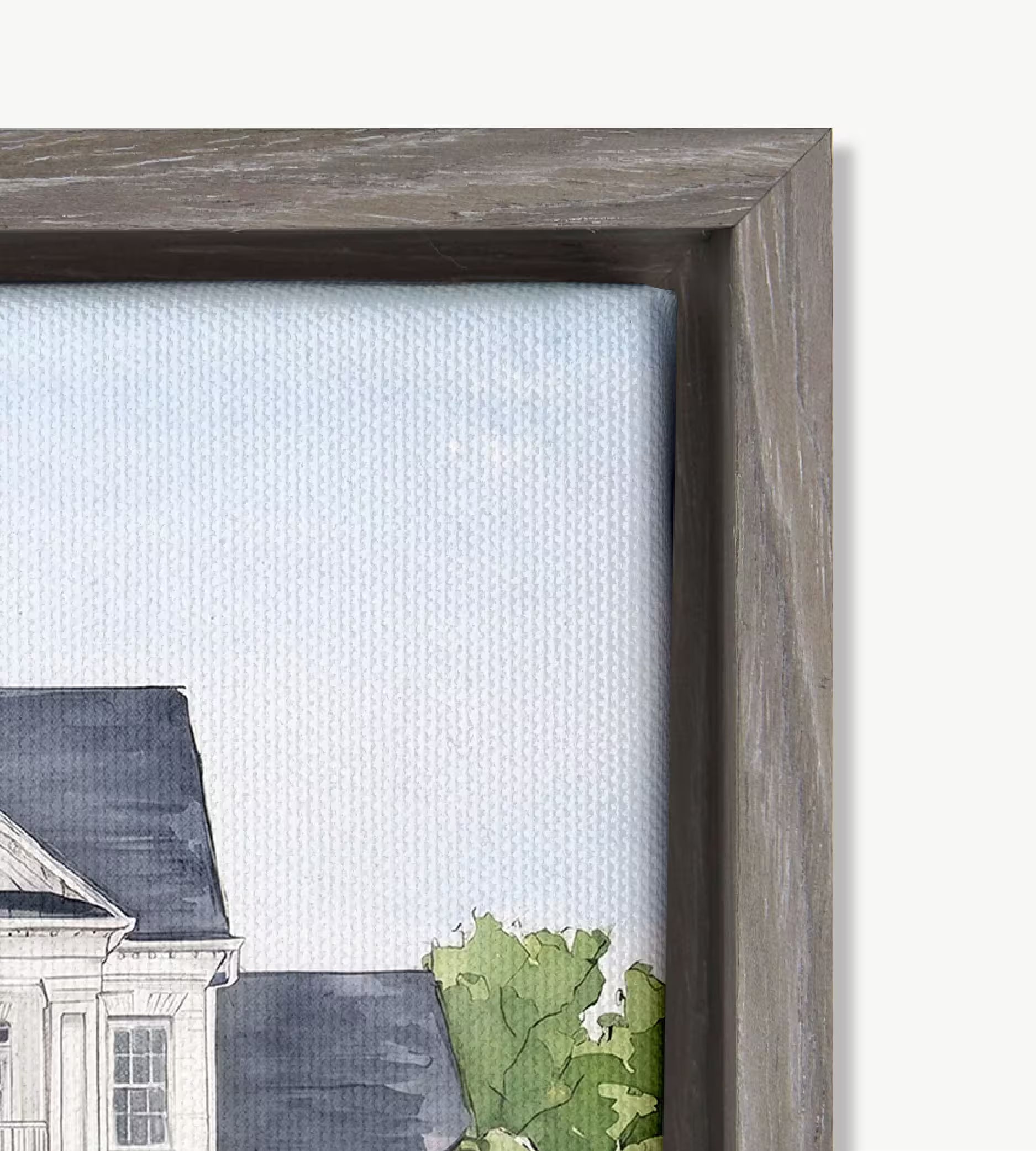 Premium gray wood floating frame with subtle natural wood grain surrounding a canvas artwork.