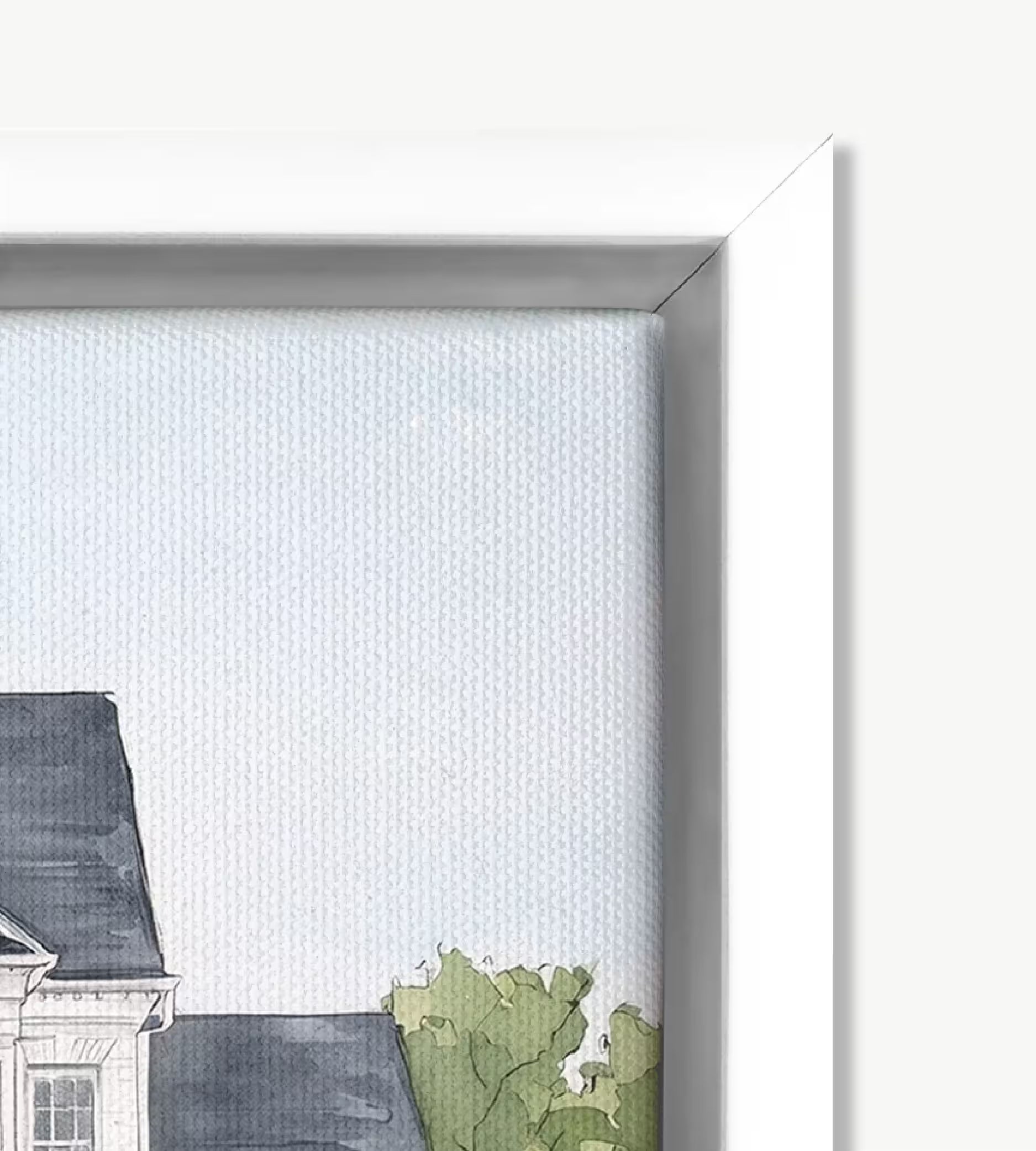 Premium white wood floating frame around a canvas artwork, featuring a smooth matte finish, subtle natural wood grain, and a clean modern design.