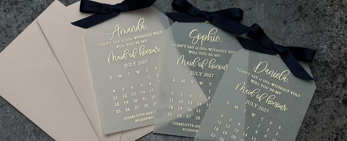 Wedding proposal cards for bridesmaids, maid of honor, groomsmen, and other wedding party members.