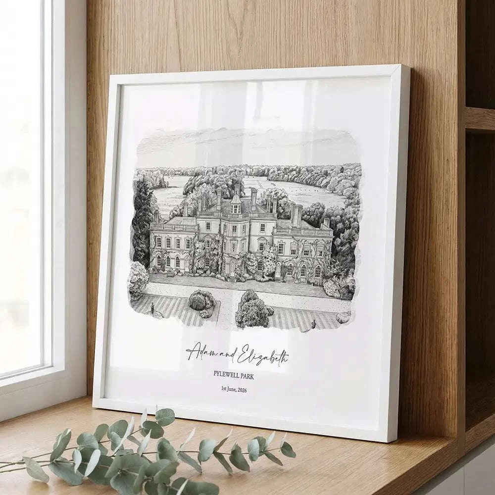 Detailed pencil sketch illustration of Pylewell Park, showcasing the historic country house, formal gardens, and surrounding Hampshire landscape.