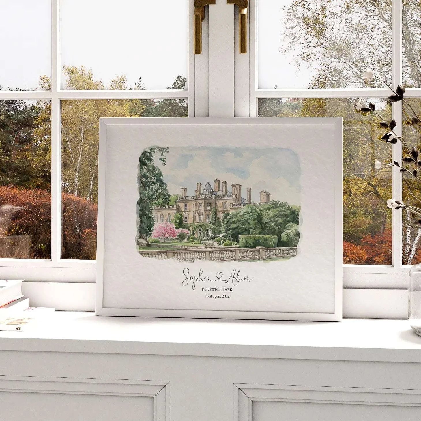 Personalised watercolour portrait of Pylewell Park wedding venue, featuring the historic country house and gardens in Hampshire, England.