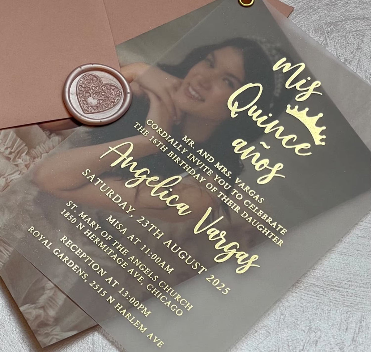 Quinceañera invitations with a photo of the guest of honor under a vellum layer, personalized 15th birthday invitation with foil lettering.