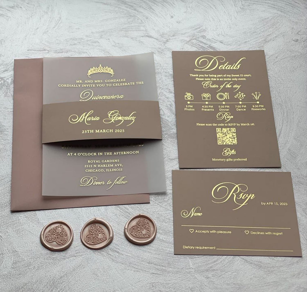 Quinceañera invitations on translucent vellum with a foil tiara and script lettering, personalized with the name, date and venue.