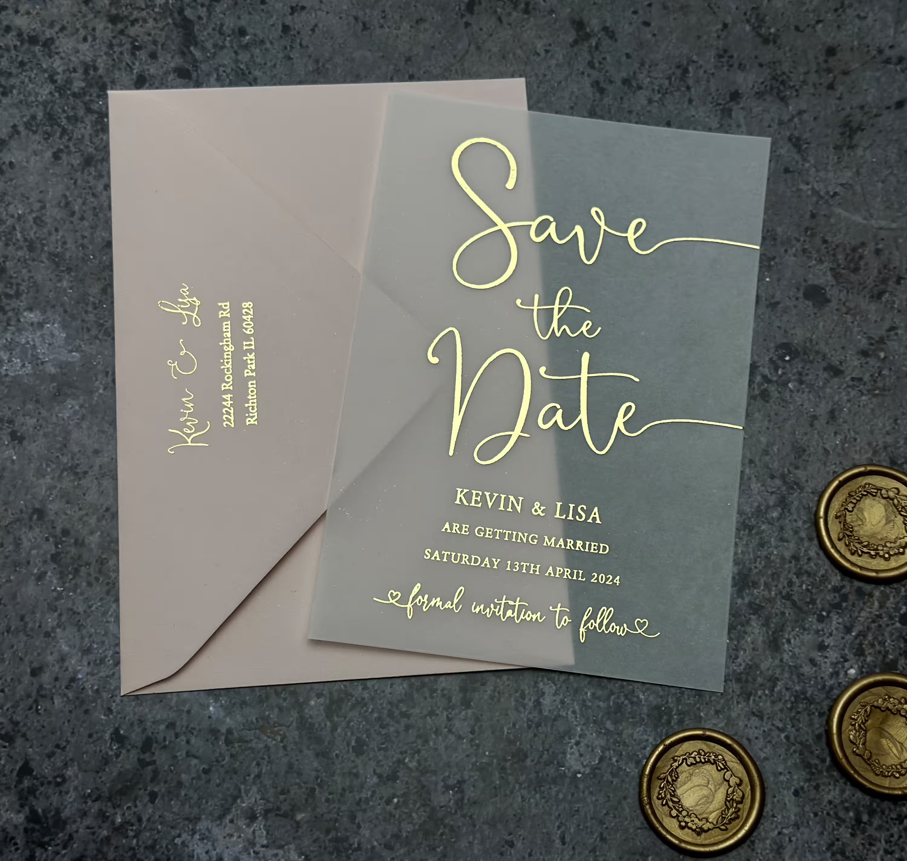 Vellum Save the Date featuring elegant script and delicate heart details