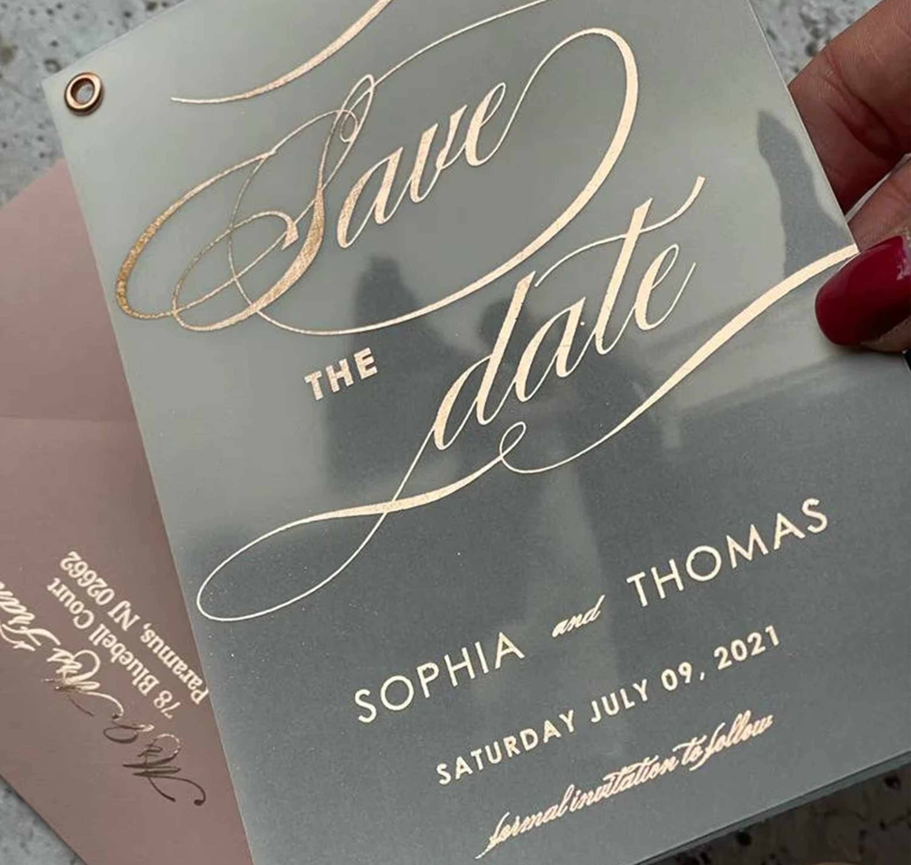 Rose gold foil vellum wedding Save the Date with personalized names and date