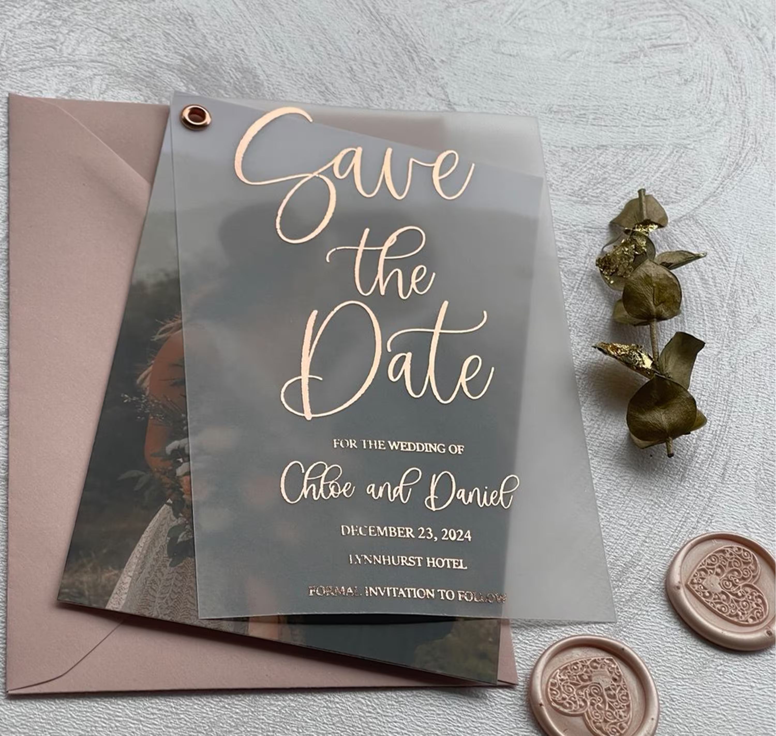 Rose gold foil vellum photo Save the Date with personalized names and wedding date