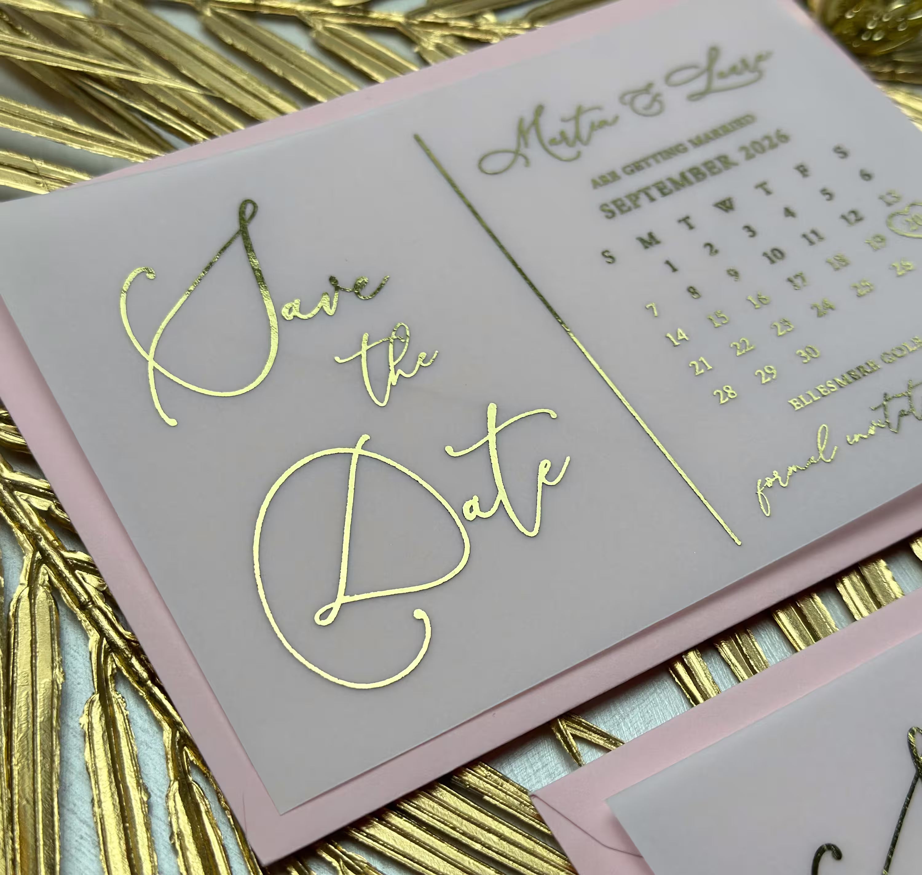 Save the Date calendar card on vellum with personalized names and wedding date
