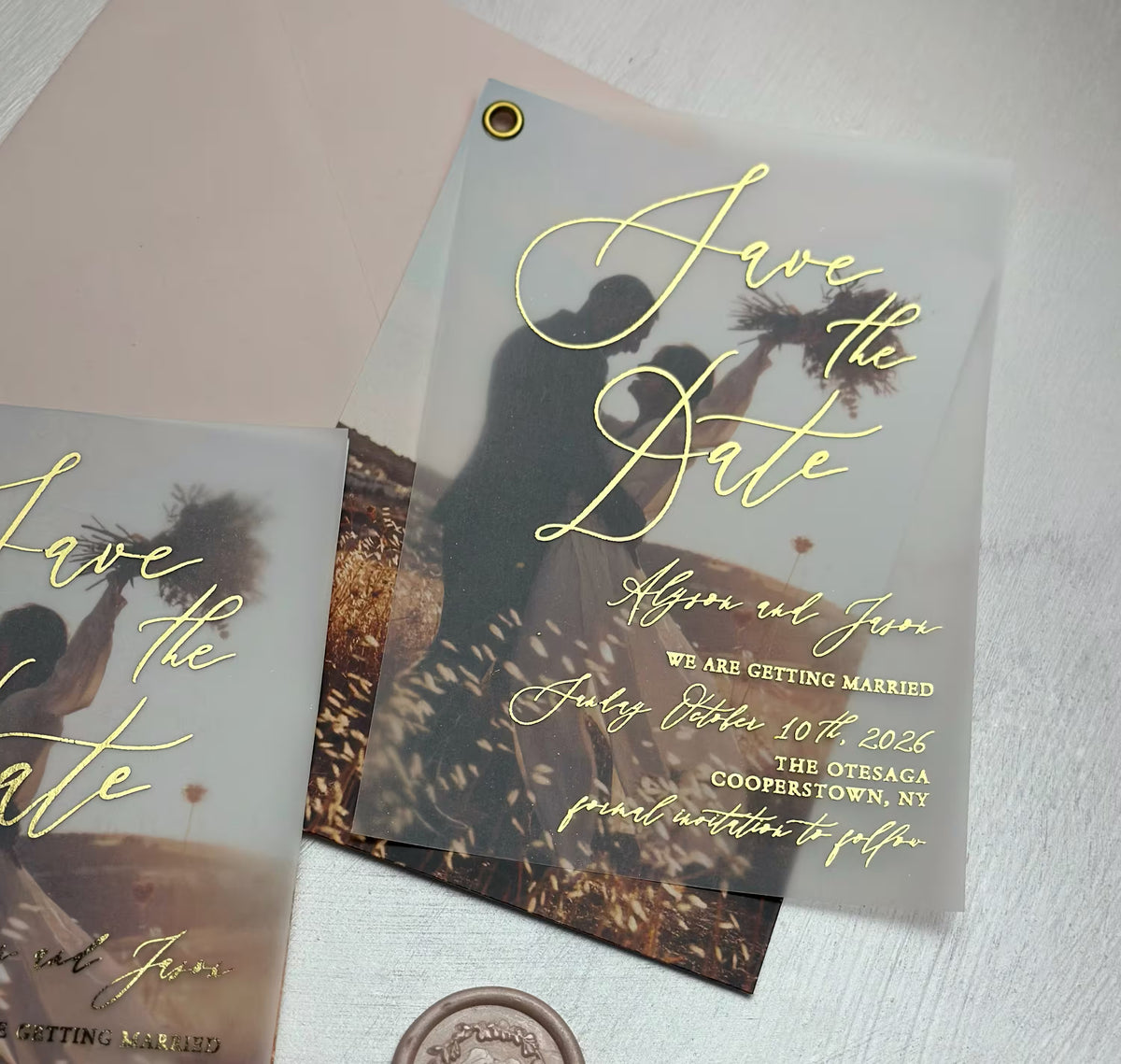 Save the date cards with photo, vellum overlay and personalized foil lettering with names and wedding date