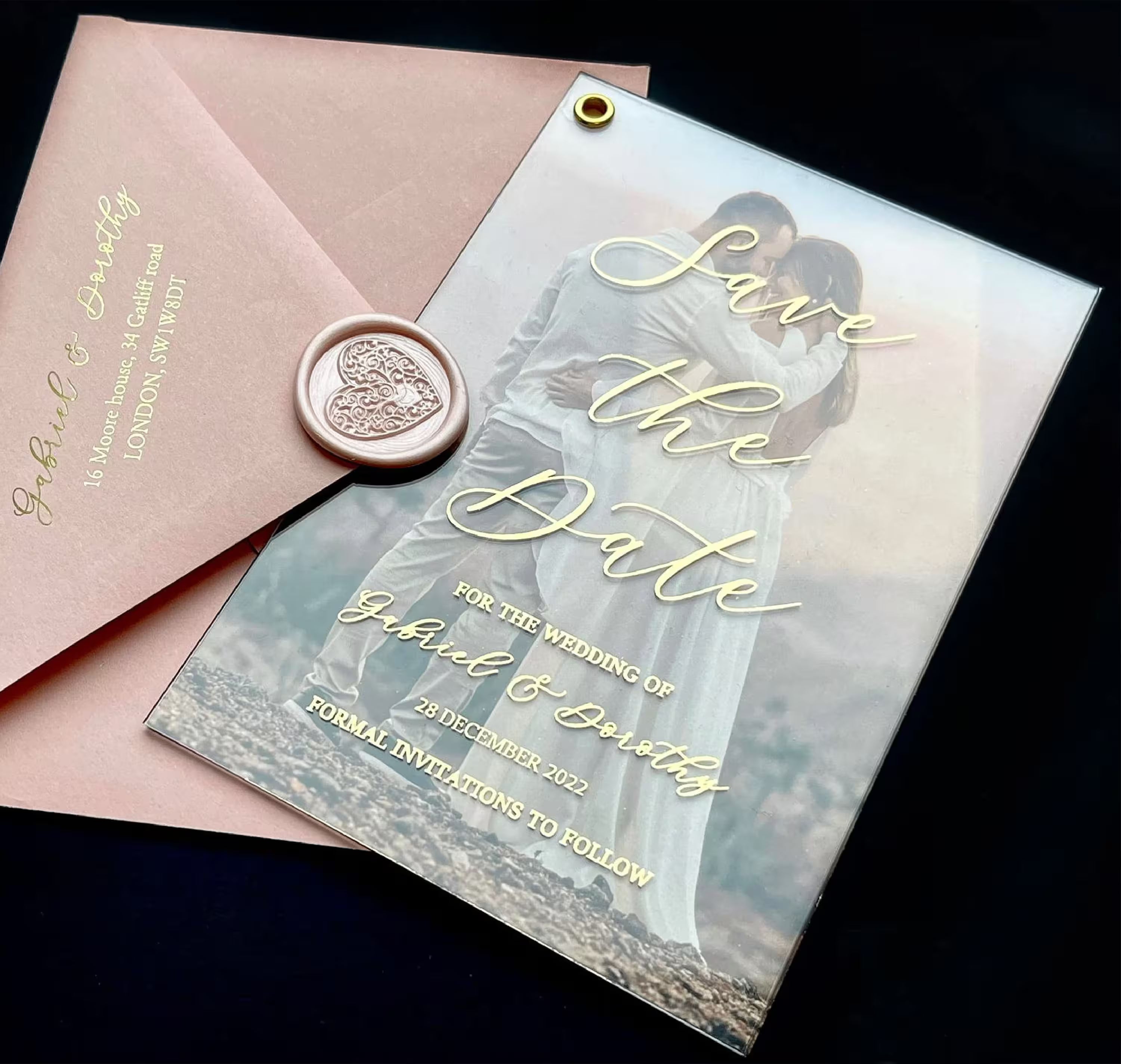 Save the Date photo card on acrylic with personalized names and wedding date