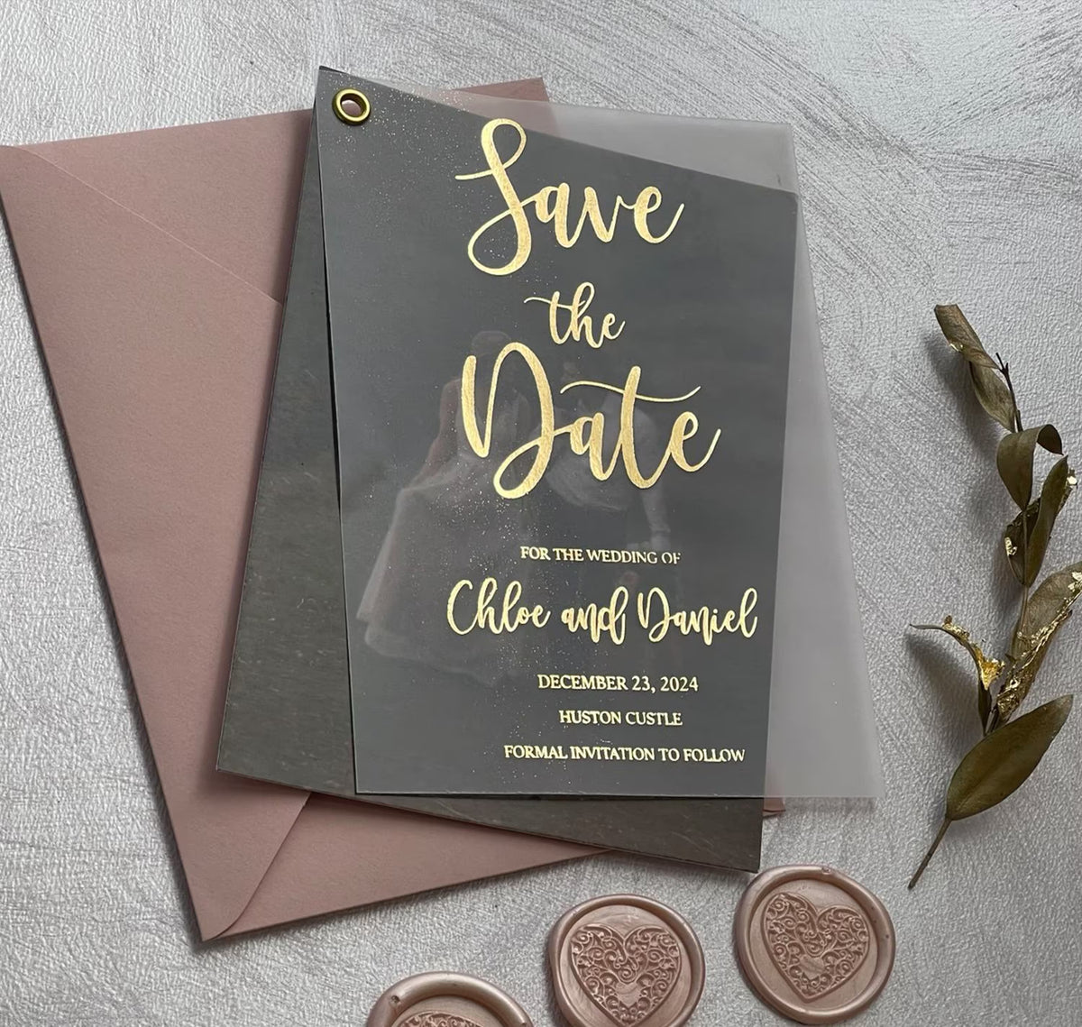 Save the date photo cards with vellum overlay and foil lettering, personalized with your photo, names and wedding date