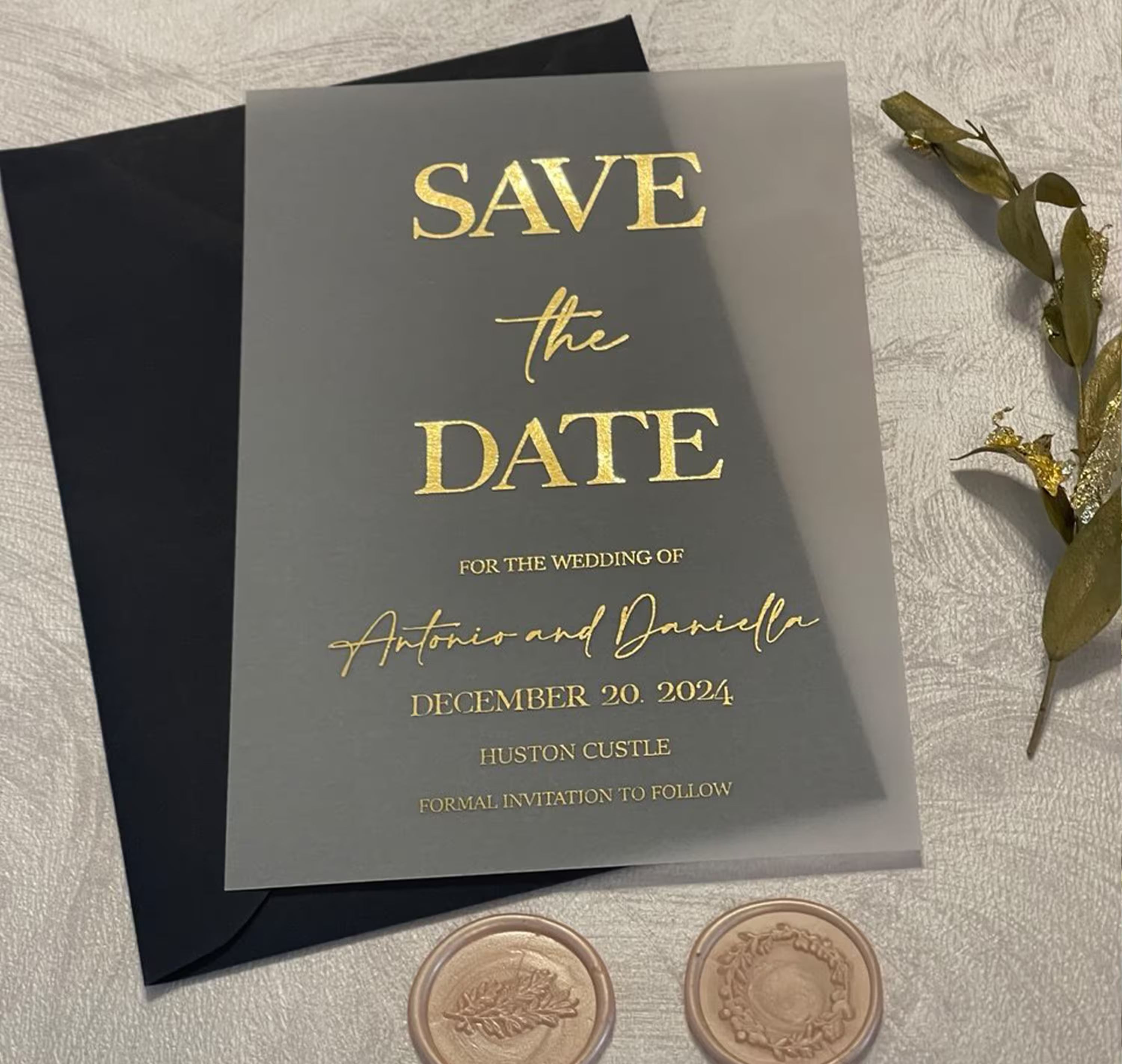 Vellum wedding Save the Date card with refined typography and foil details