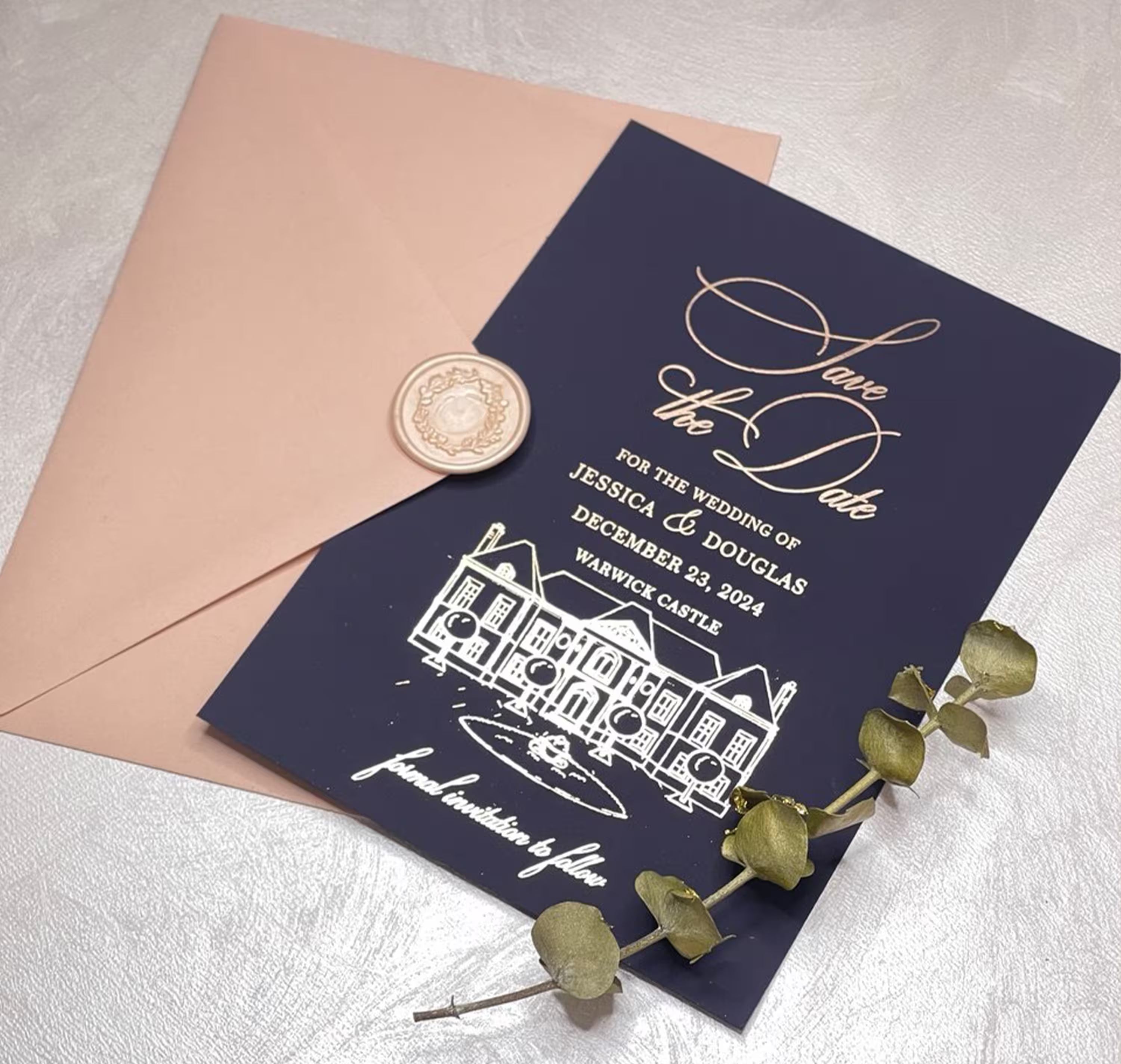 Navy blue Save the Date with personalized venue illustration and elegant script