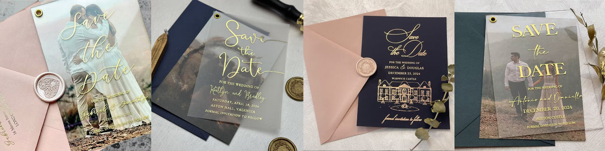 Elegant personalized Save the Date wedding collection featuring vellum, photo, and foil designs