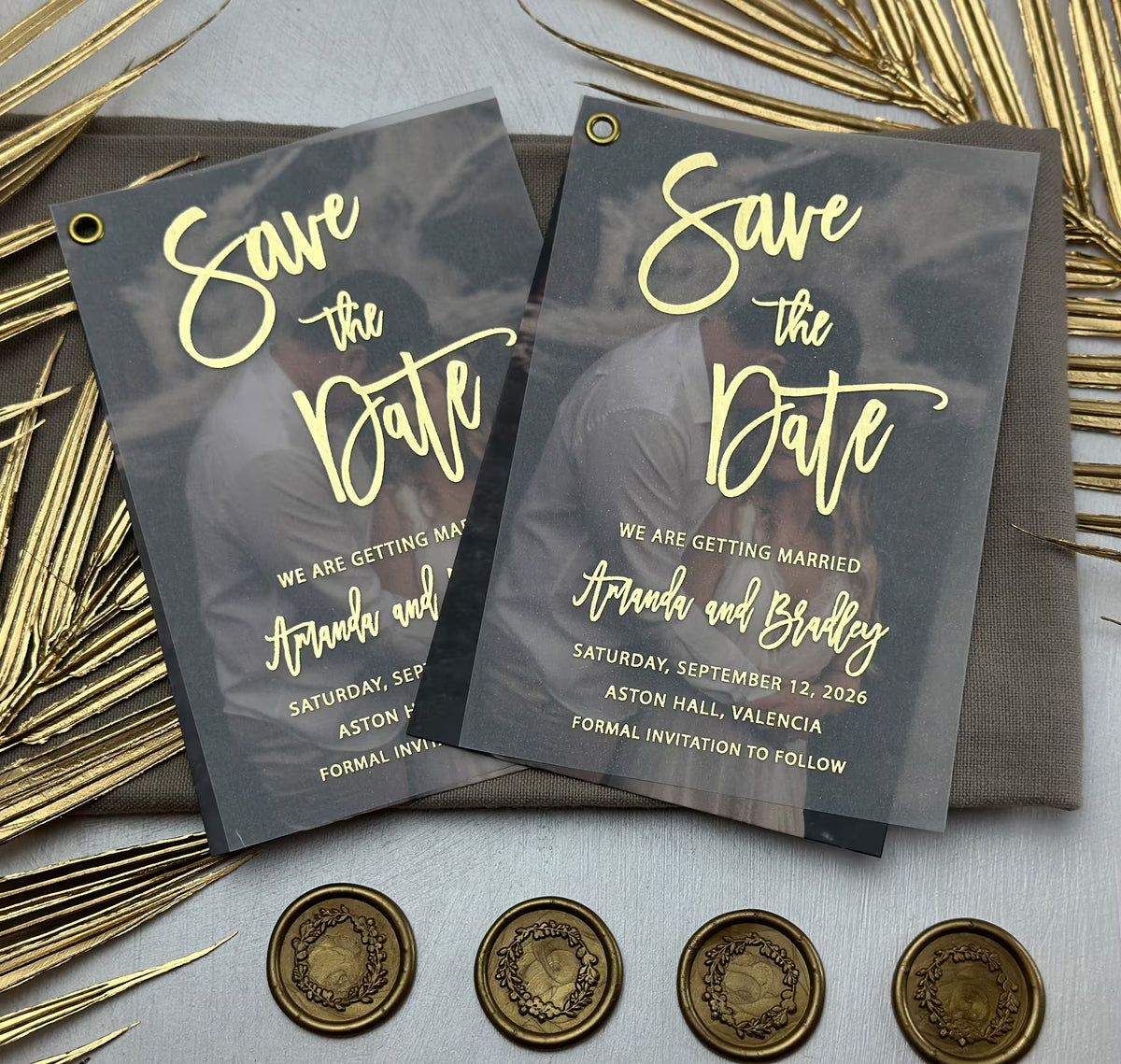 Wedding save the date with photo on vellum, with optional wax seals