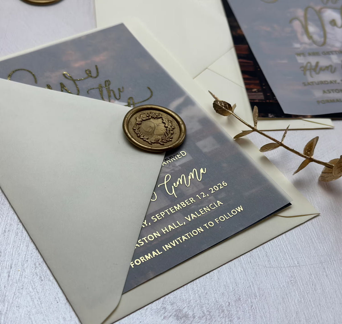 Save the date with picture on translucent vellum, with optional wax seals