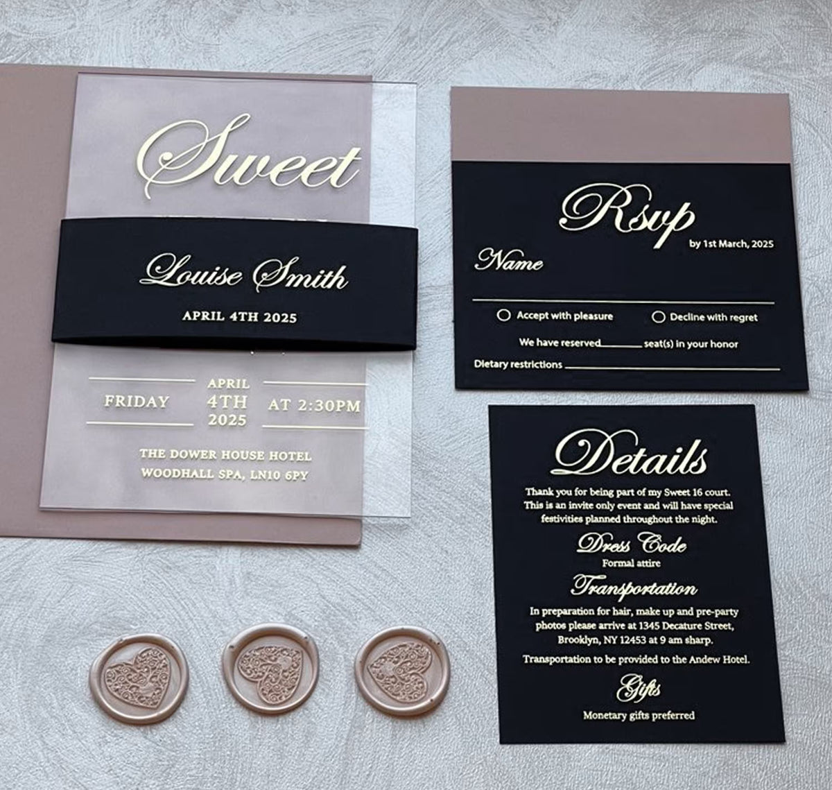 Sweet 16 birthday invitations shown with matching RSVP and details cards, available as add-ons to complete the suite.