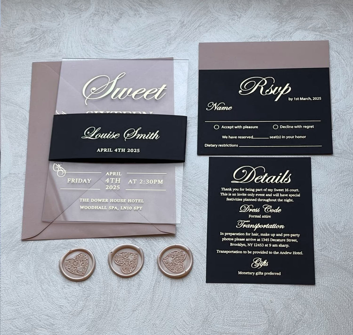 Sweet 16 party invitations on clear acrylic beside wax seals and an envelope, personalized 16th birthday invitations.