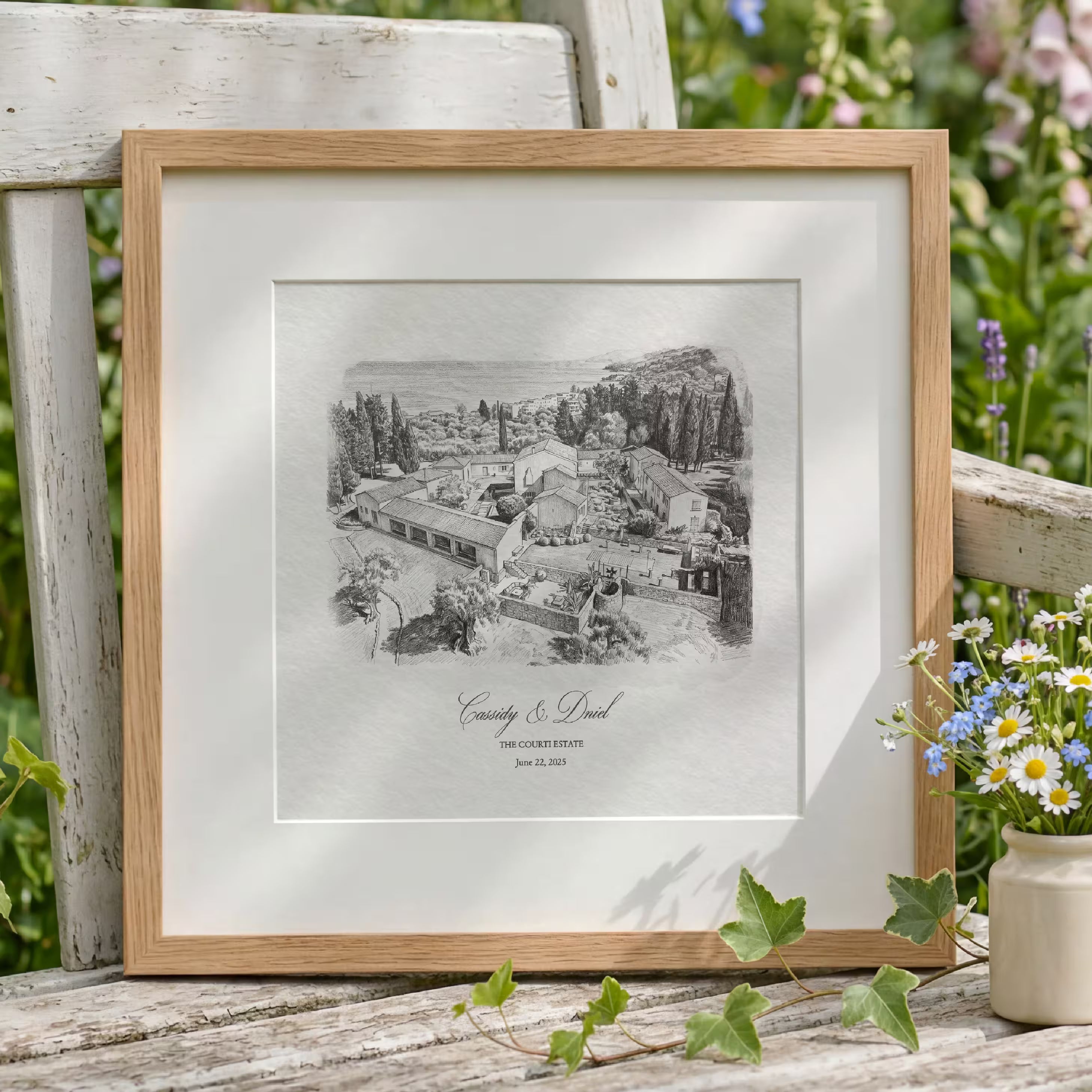 Pencil sketch line art version of The Courti Estate in Corfu, a fine graphite drawing of the estate and coastline offered as an alternative to the watercolor portrait