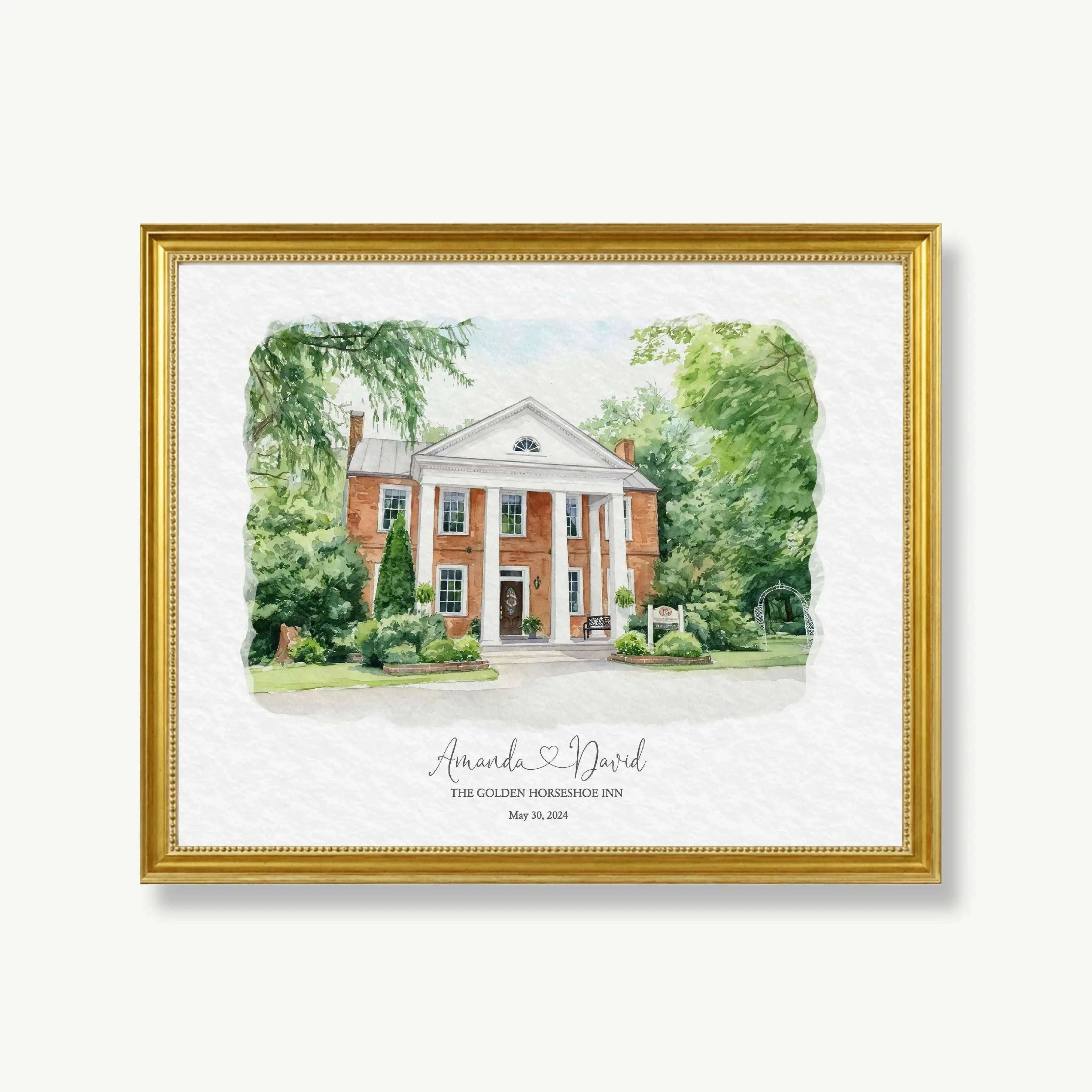 Personalized watercolor portrait of The Golden Horseshoe Inn, created from a cherished wedding photograph. This custom wedding venue artwork captures the beauty and atmosphere of the venue and serves as a thoughtful wedding gift, first anniversary gift, or paper anniversary keepsake for couples.
