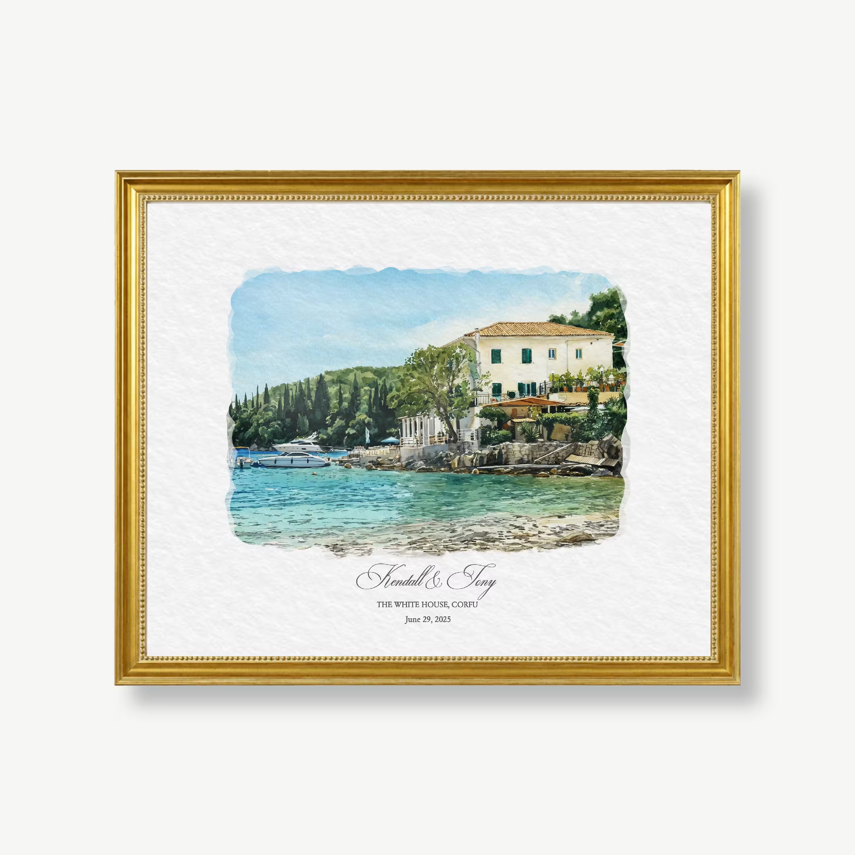 Custom watercolor portrait of The White House in Corfu, a whitewashed seaside taverna with teal shutters and fishing boats in the harbor, created as a destination wedding and anniversary gift