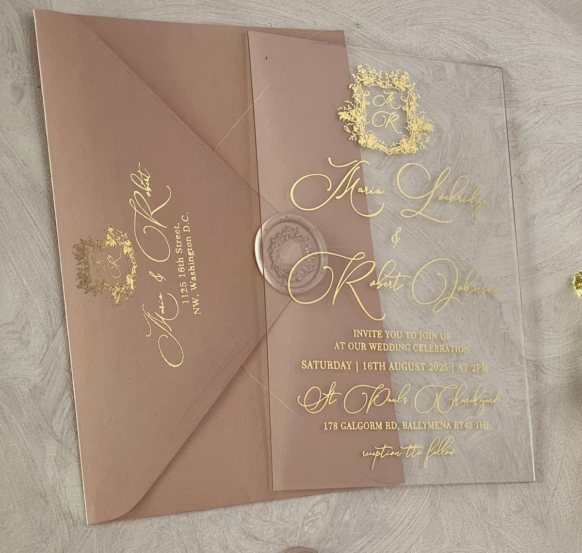Personalized clear acrylic transparent wedding invitation suite with floral crest, foil lettering and optional add-ons