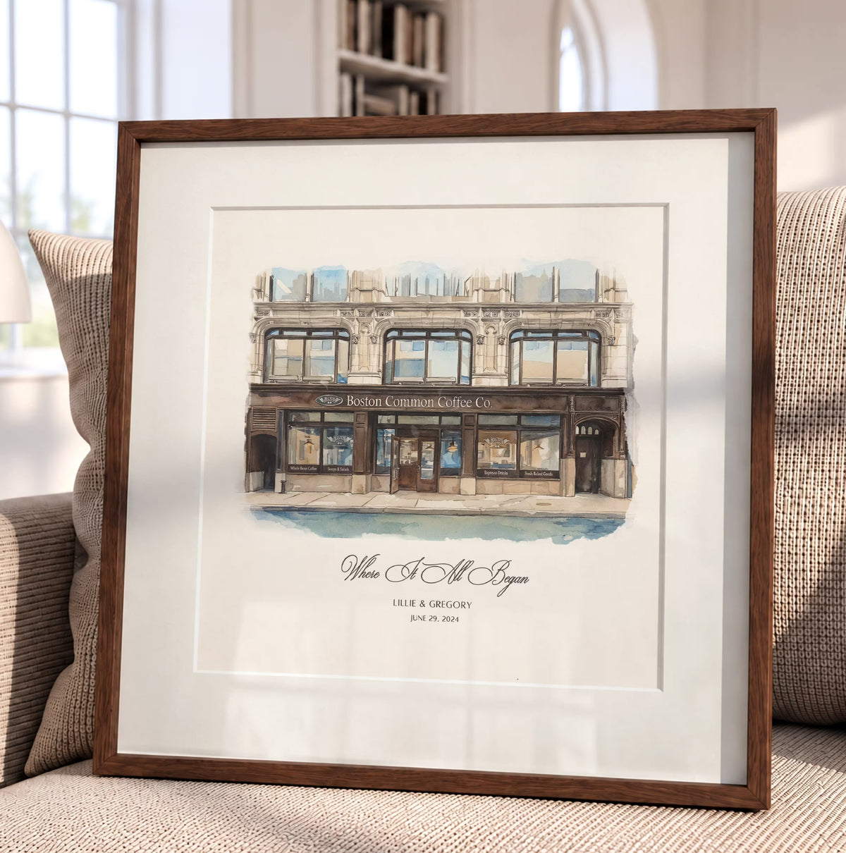 Unique anniversary gifts for couples, custom watercolor portrait framed art print, coffee shop