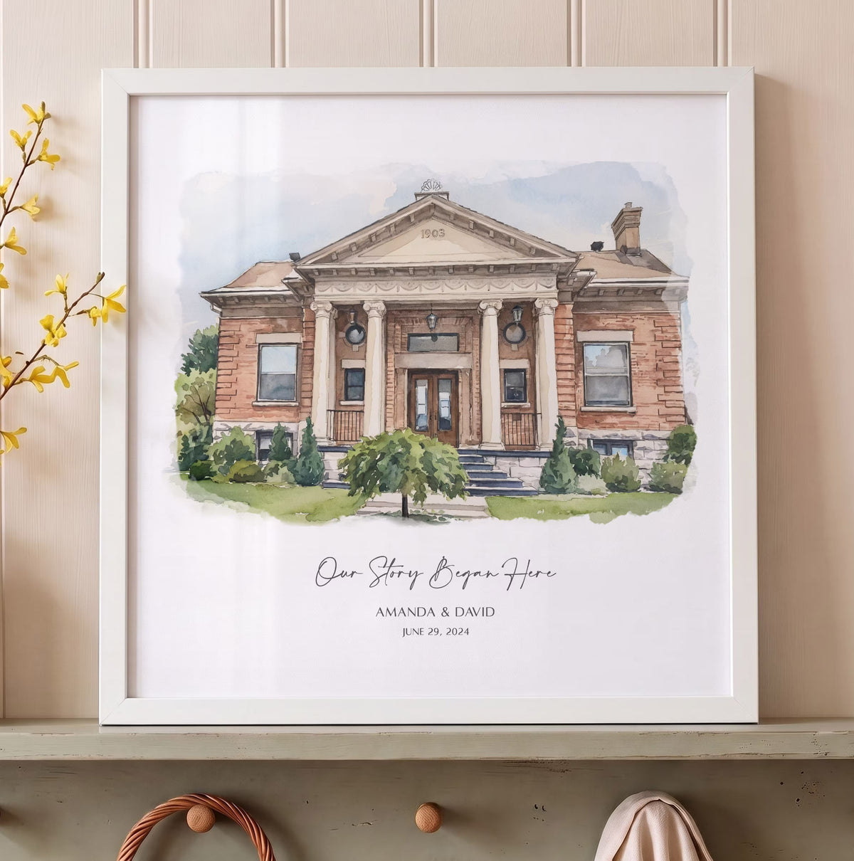 Unique anniversary gifts for couples, custom watercolor portrait framed art print, historic building