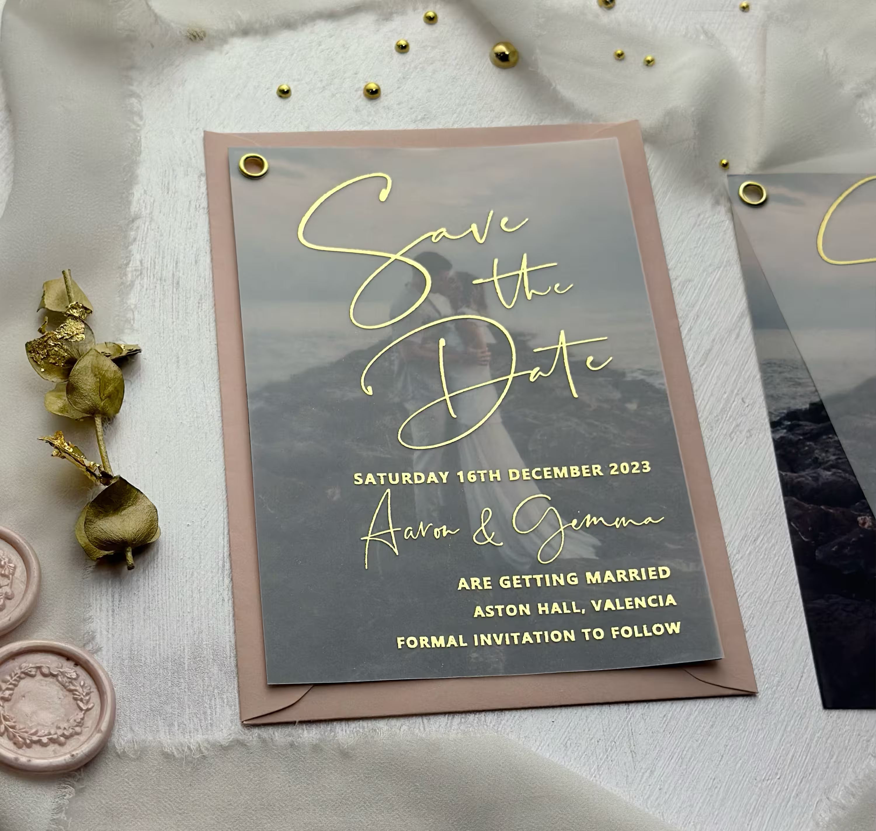 Vellum gold foil wedding Save the Date with personalized photo and elegant lettering