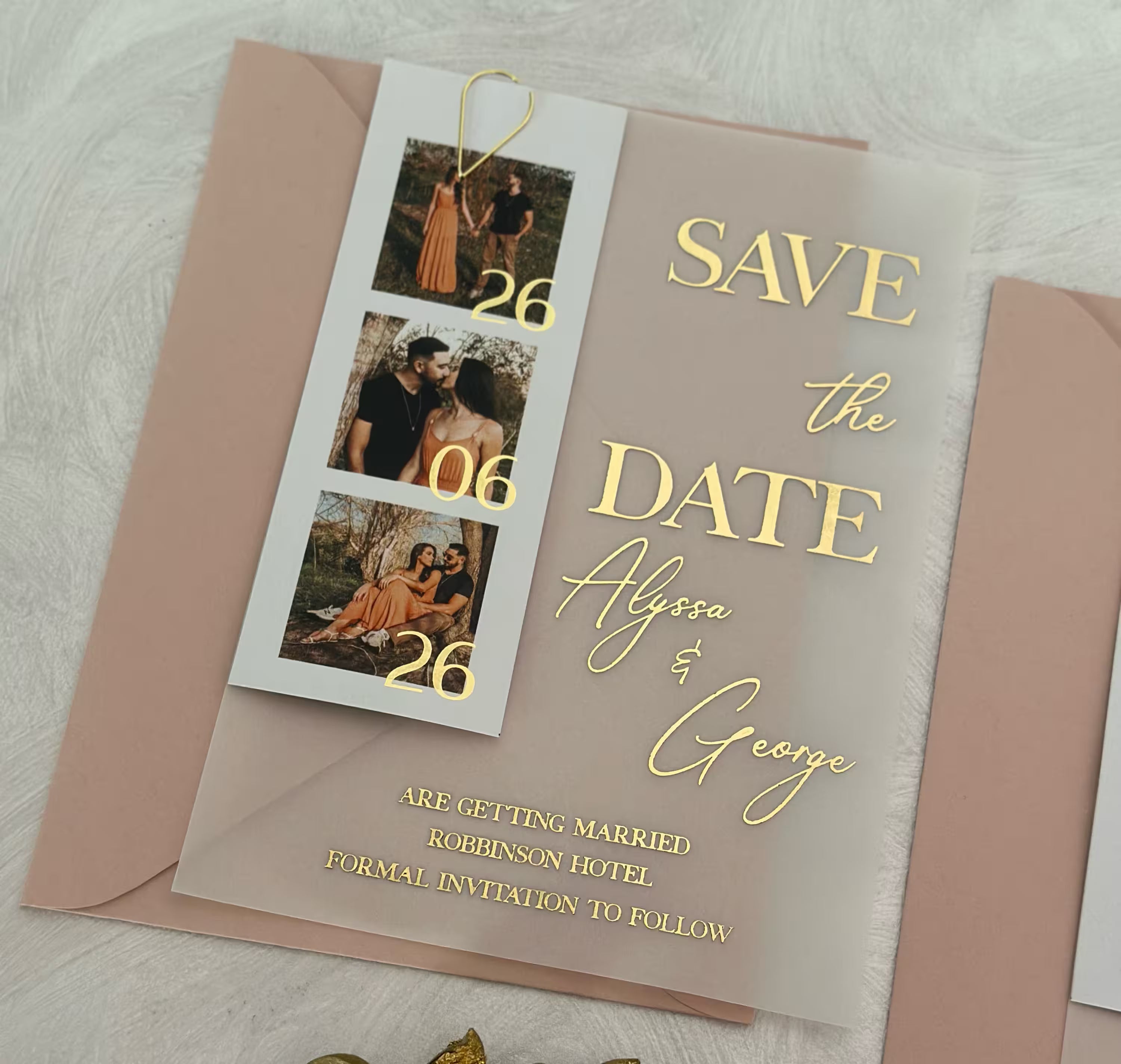 Modern photo strip Save the Date card with three personal photographs
