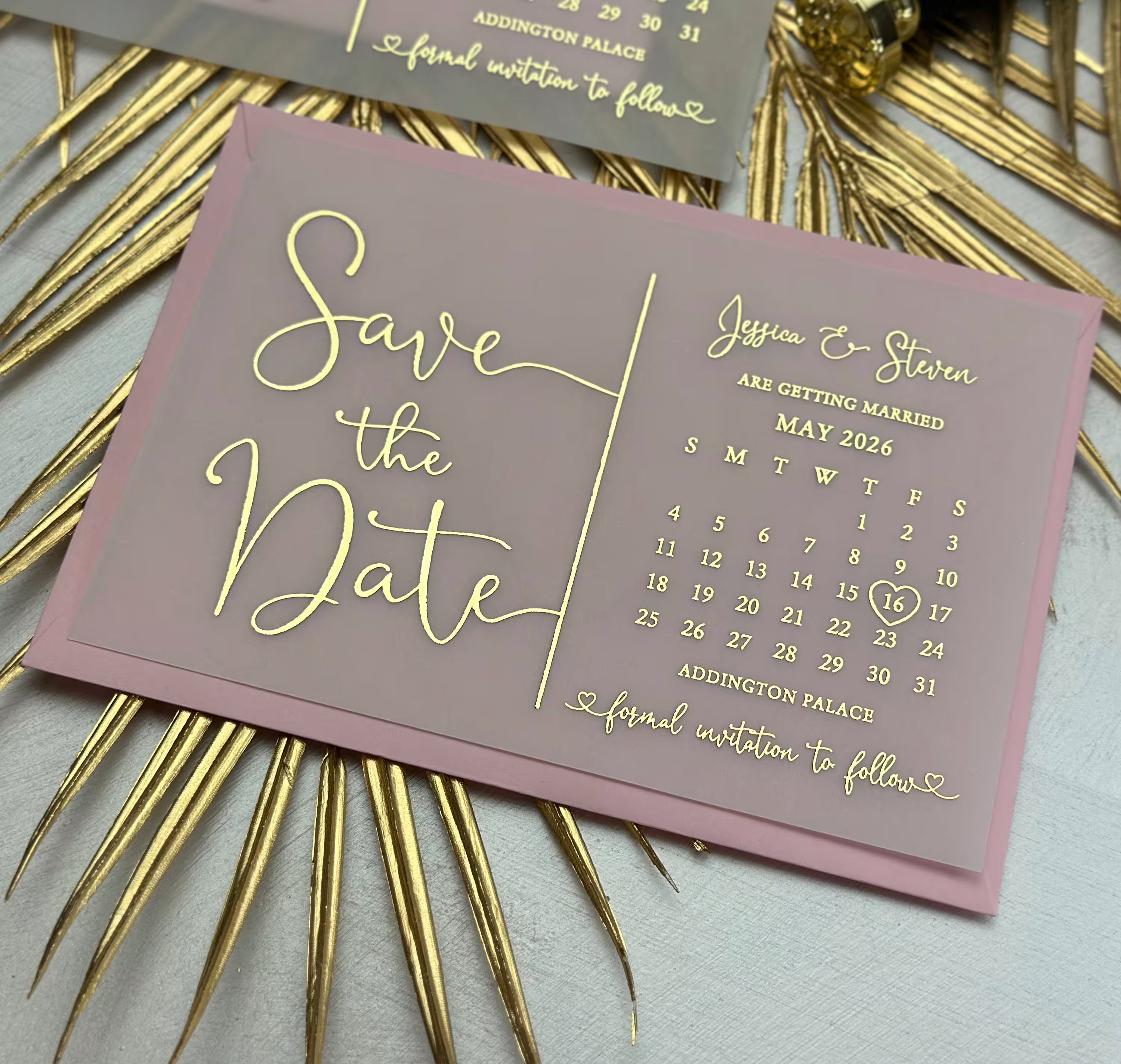 Save the Date calendar card on vellum with personalized names and wedding details