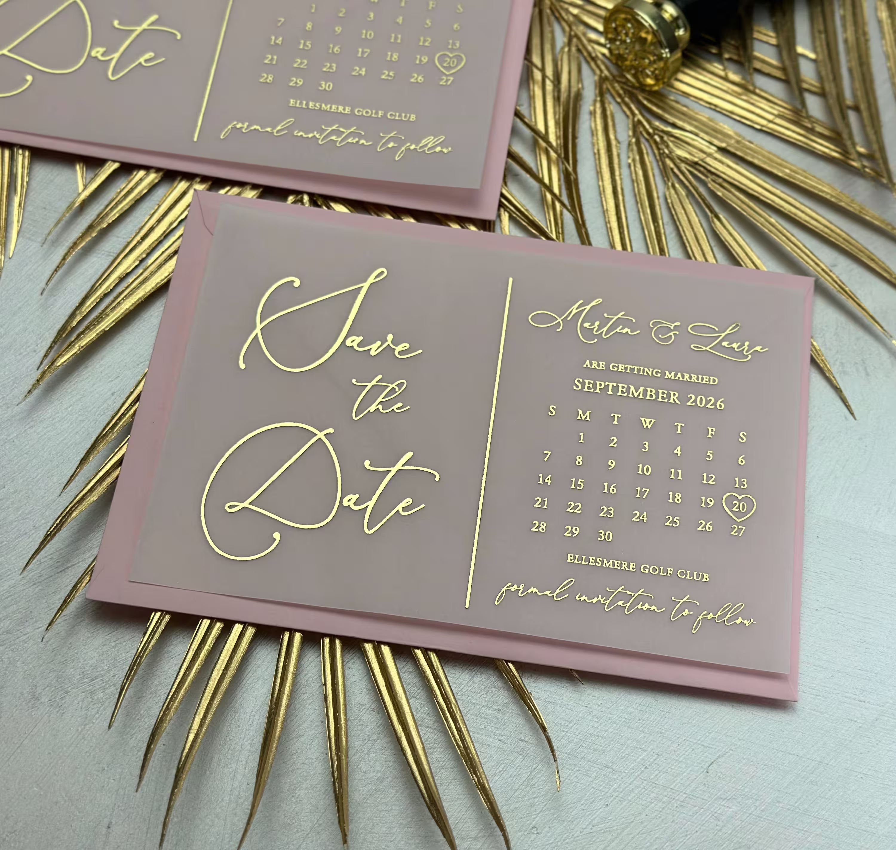 Vellum Save the Date calendar card with foil lettering and highlighted wedding date
