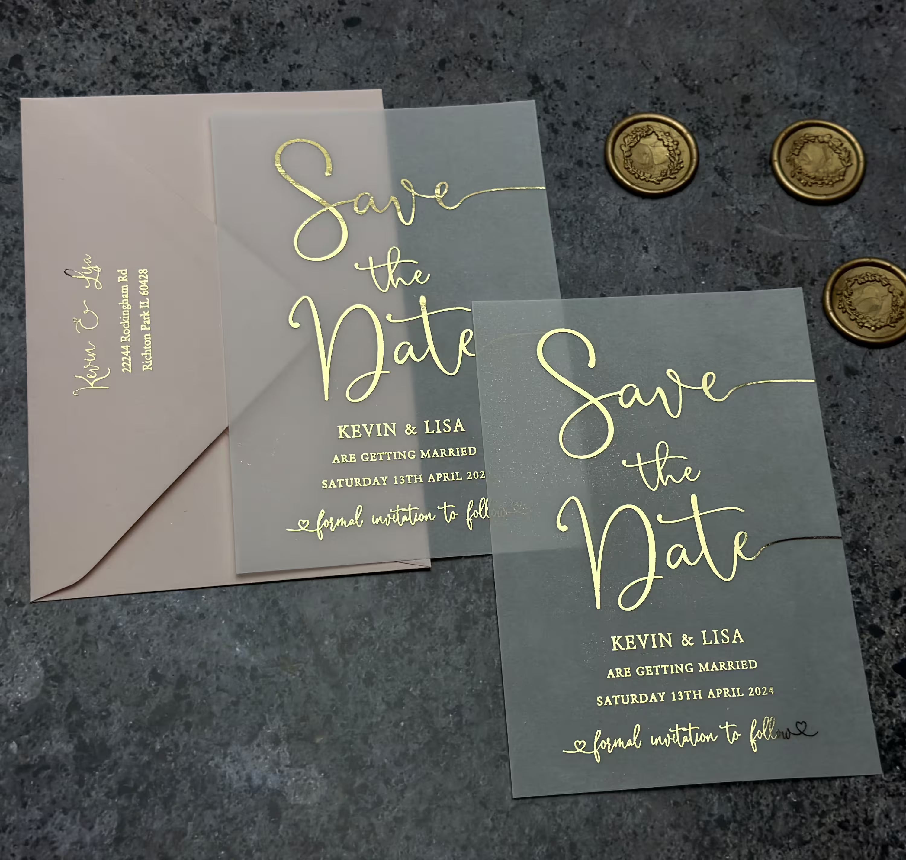Romantic personalized Save the Date card in translucent vellum
