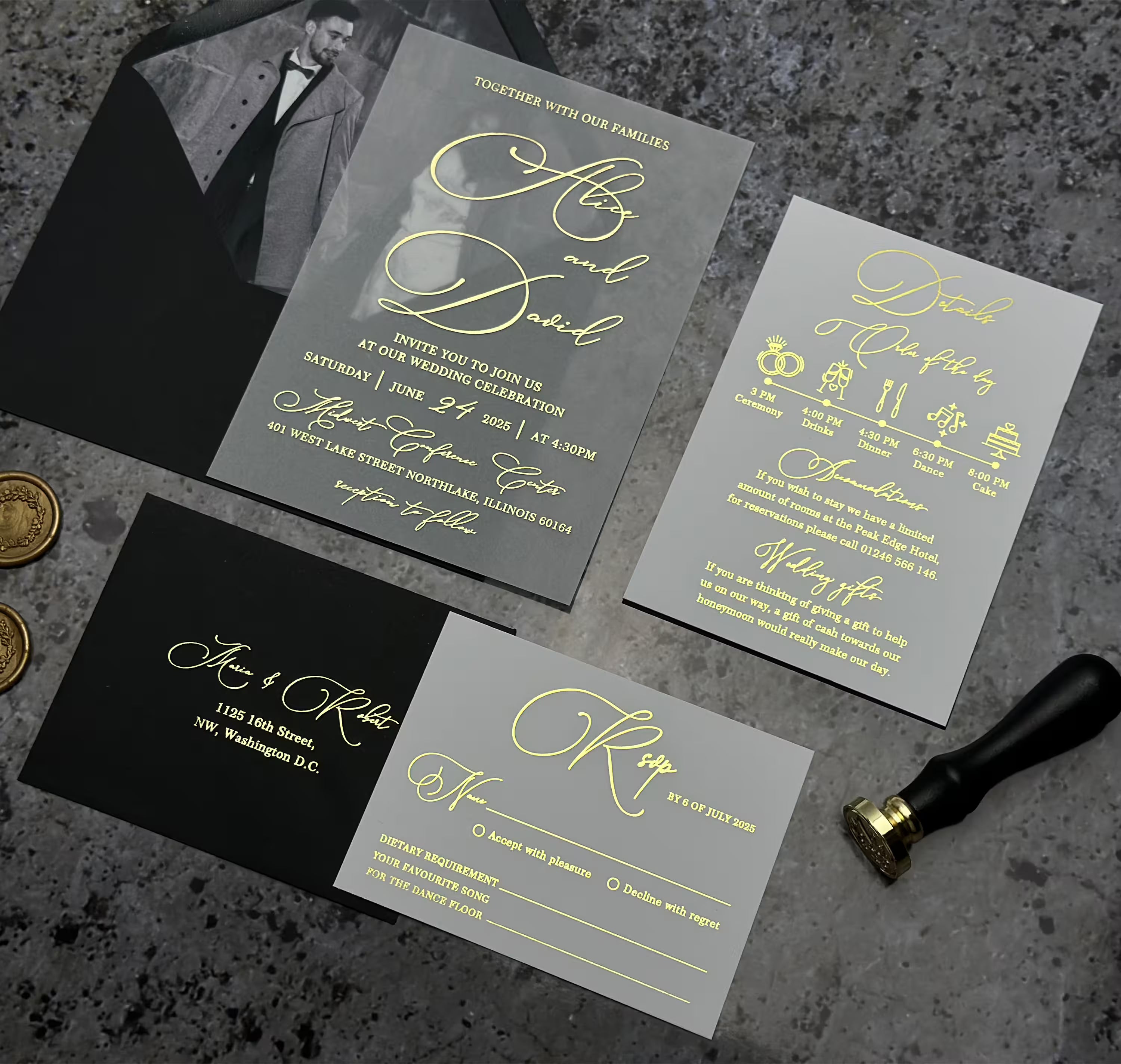 Elegant vellum wedding invitation with gold foil lettering, custom insert and black envelope