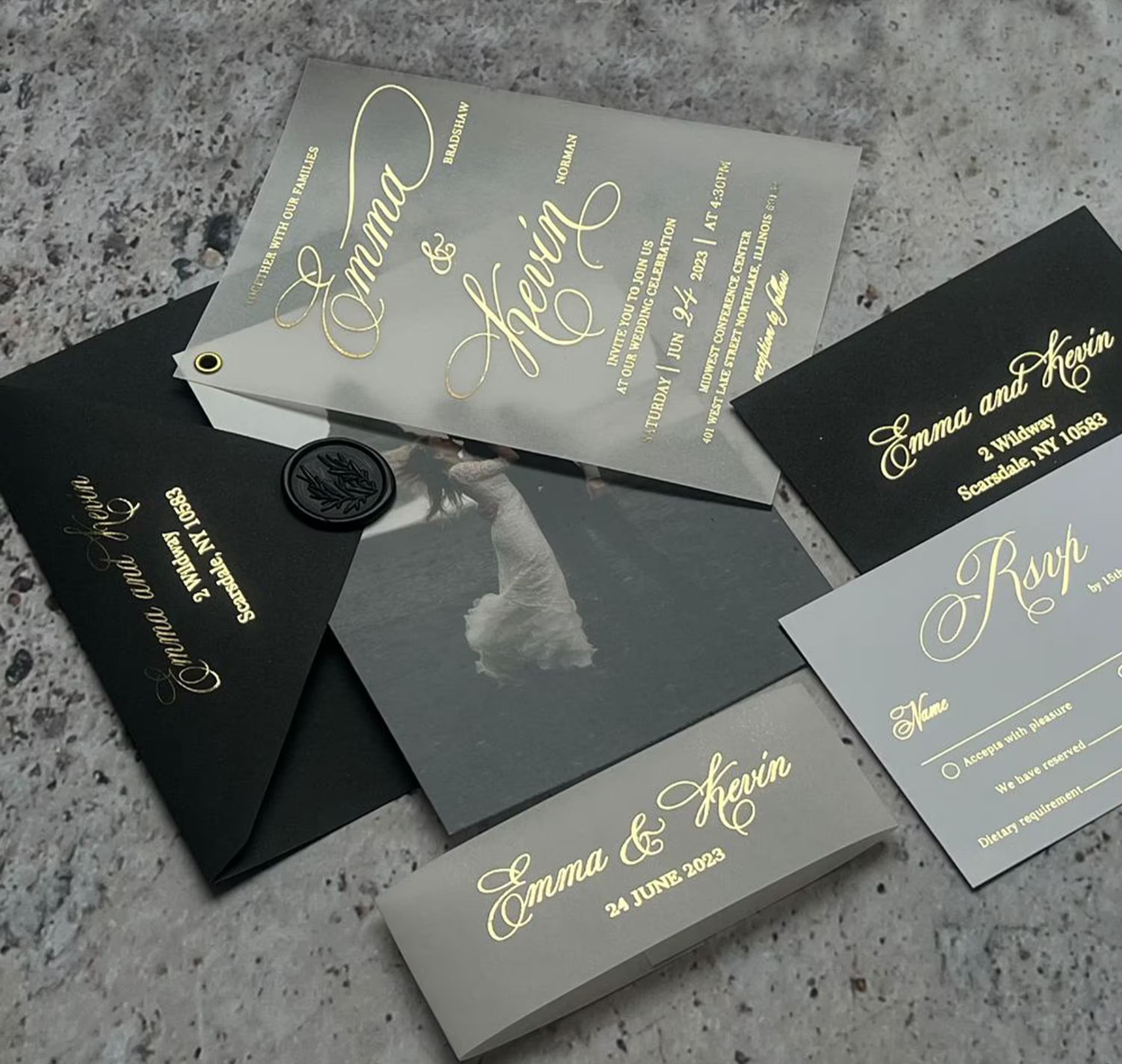 Vellum wedding invitation with photo, elegant calligraphy and customizable foil details