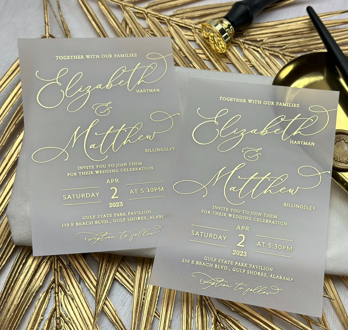 Vellum wedding invitation suite with customizable cardstock color