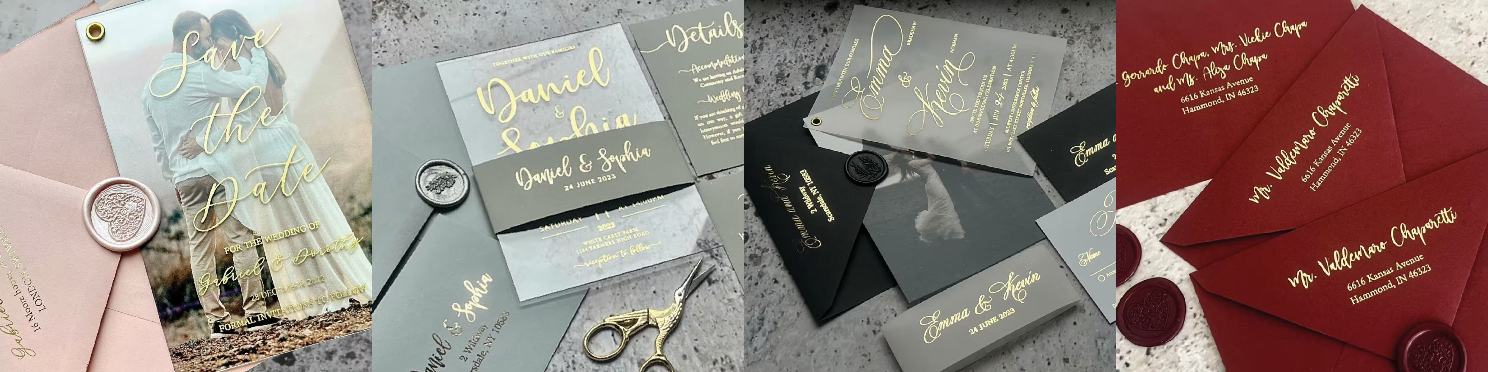 Vellum wedding invitation suites with gold foil calligraphy, wax seals, and photo save the dates in blush, gray, and burgundy